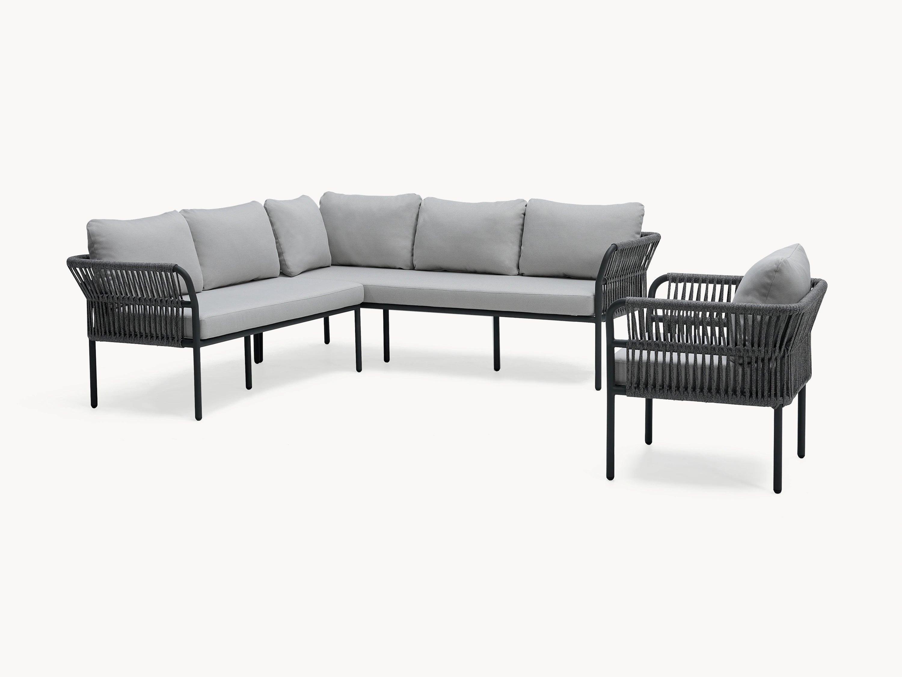 Malaga Garten Ecklounge Set (6-Sitzer) mit grauem Sofa und Stühlen, kombiniert Aluminiumrahmen und wetterfeste Stoffe. Ideal für flexible Terrassengestaltung, verbindet Komfort mit stilvollem Design von Finqa GmbH.