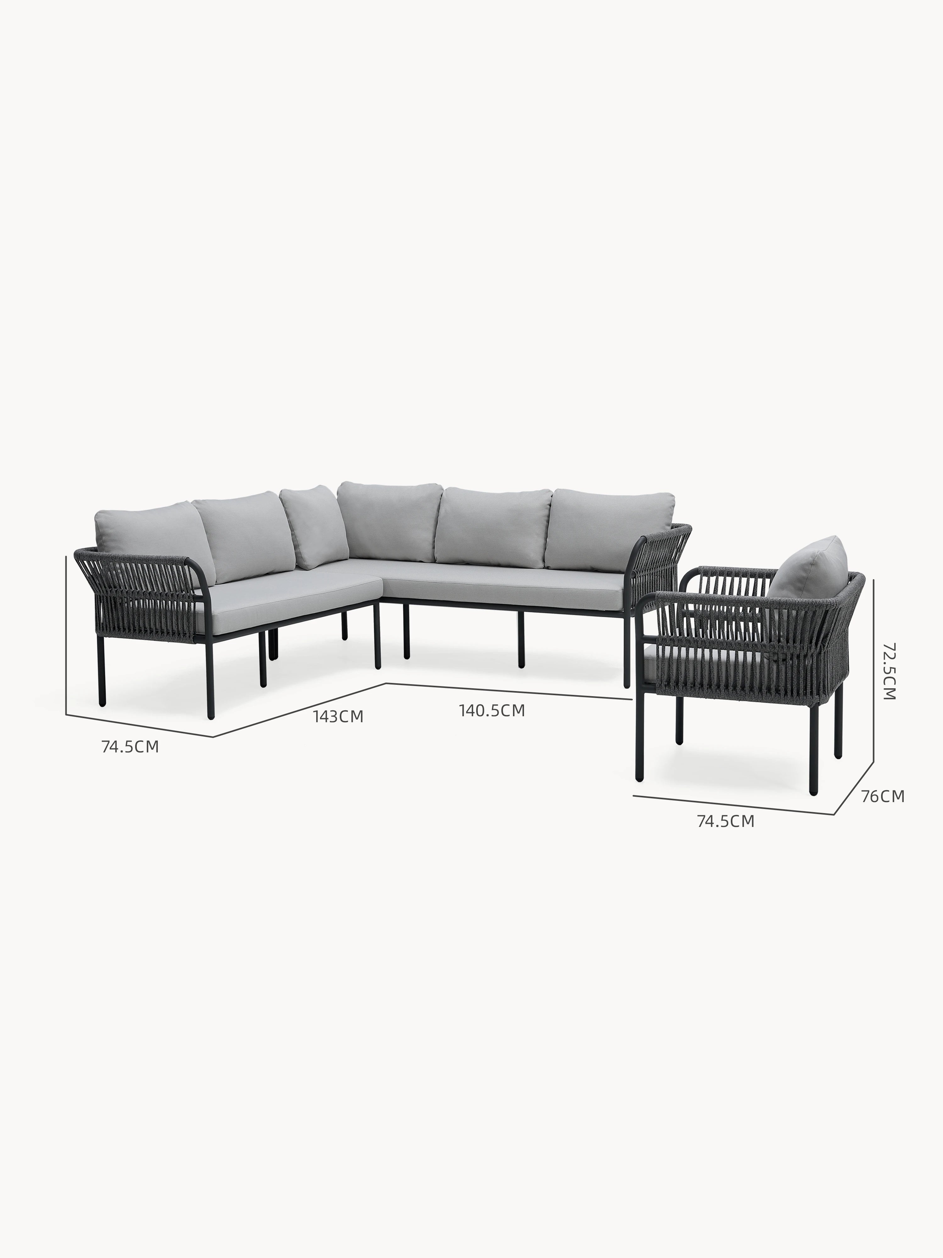 Malaga Garten Ecklounge Set (6-Sitzer): Modernes L-förmiges Outdoor-Sofa mit pulverbeschichtetem Metallrahmen, seilumwickelten Armlehnen, hellgrauen Kissen und modularem Design, perfekt für stilvolle Terrassen.