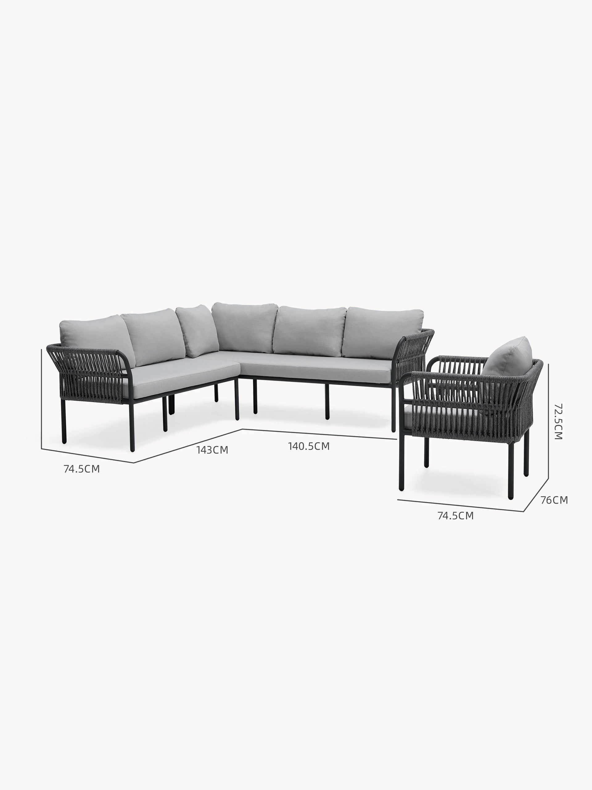 Malaga Garten Ecklounge Set (6-Sitzer): Modernes L-förmiges Outdoor-Sofa mit pulverbeschichtetem Metallrahmen, seilumwickelten Armlehnen, hellgrauen Kissen und modularem Design, perfekt für stilvolle Terrassen.