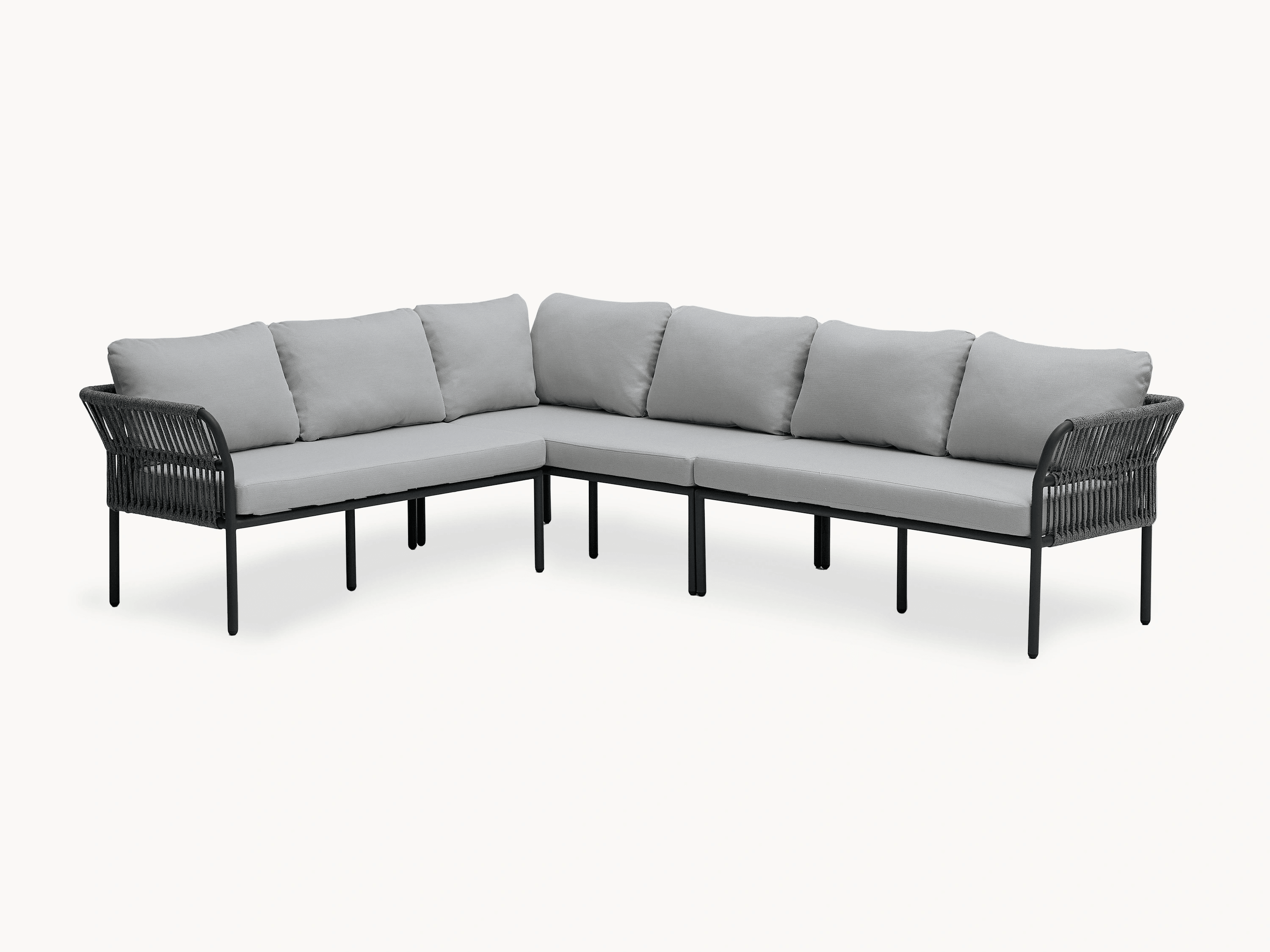 Malaga Garten Ecklounge Set (6-Sitzer): Graues Sofa mit modularen, wetterfesten Elementen auf Aluminiumrahmen, inklusive Kissen, ideal für Terrassen. Perfekte Kombination aus Design und Funktionalität.