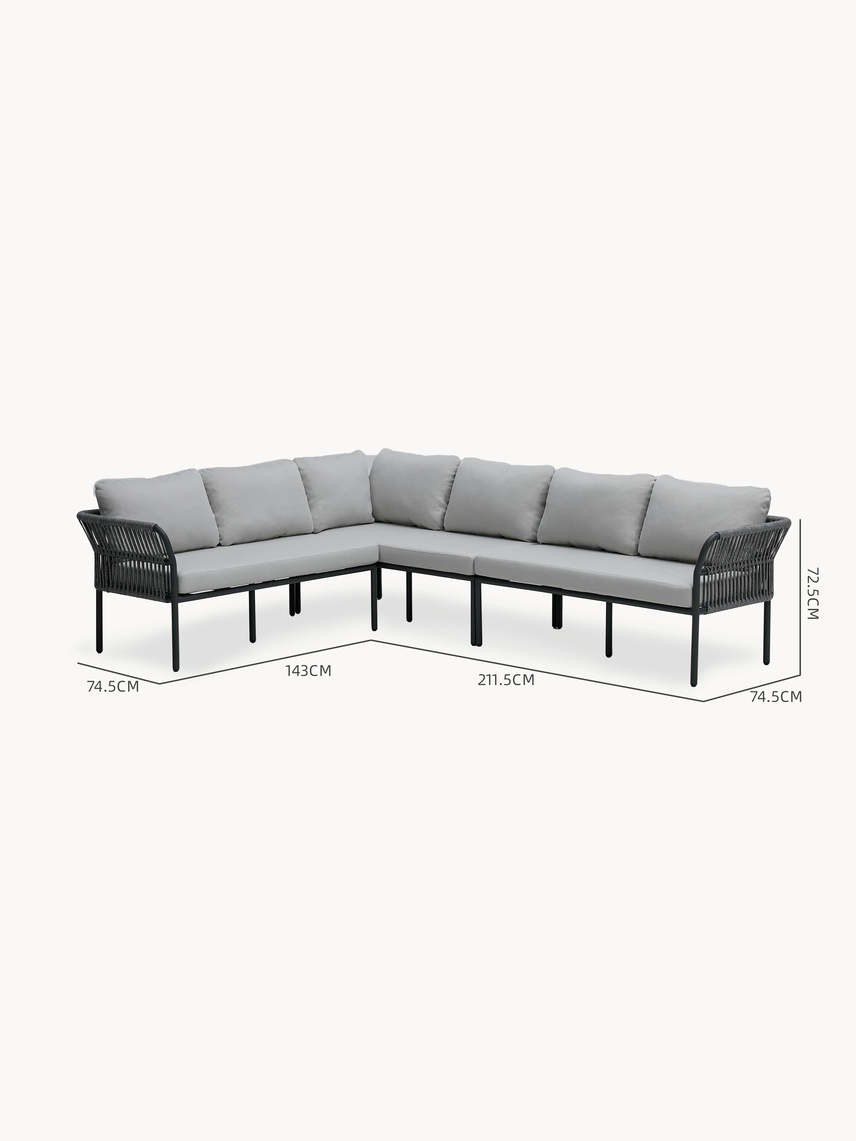 Malaga Garten Ecklounge Set (6-Sitzer): L-förmiges, modulares Outdoor-Sofa mit schwarzen Metallbeinen und gewebten Seilarmlehnen, gepolstert mit hellgrauen Kissen. Ideal für flexible Terrassengestaltung.