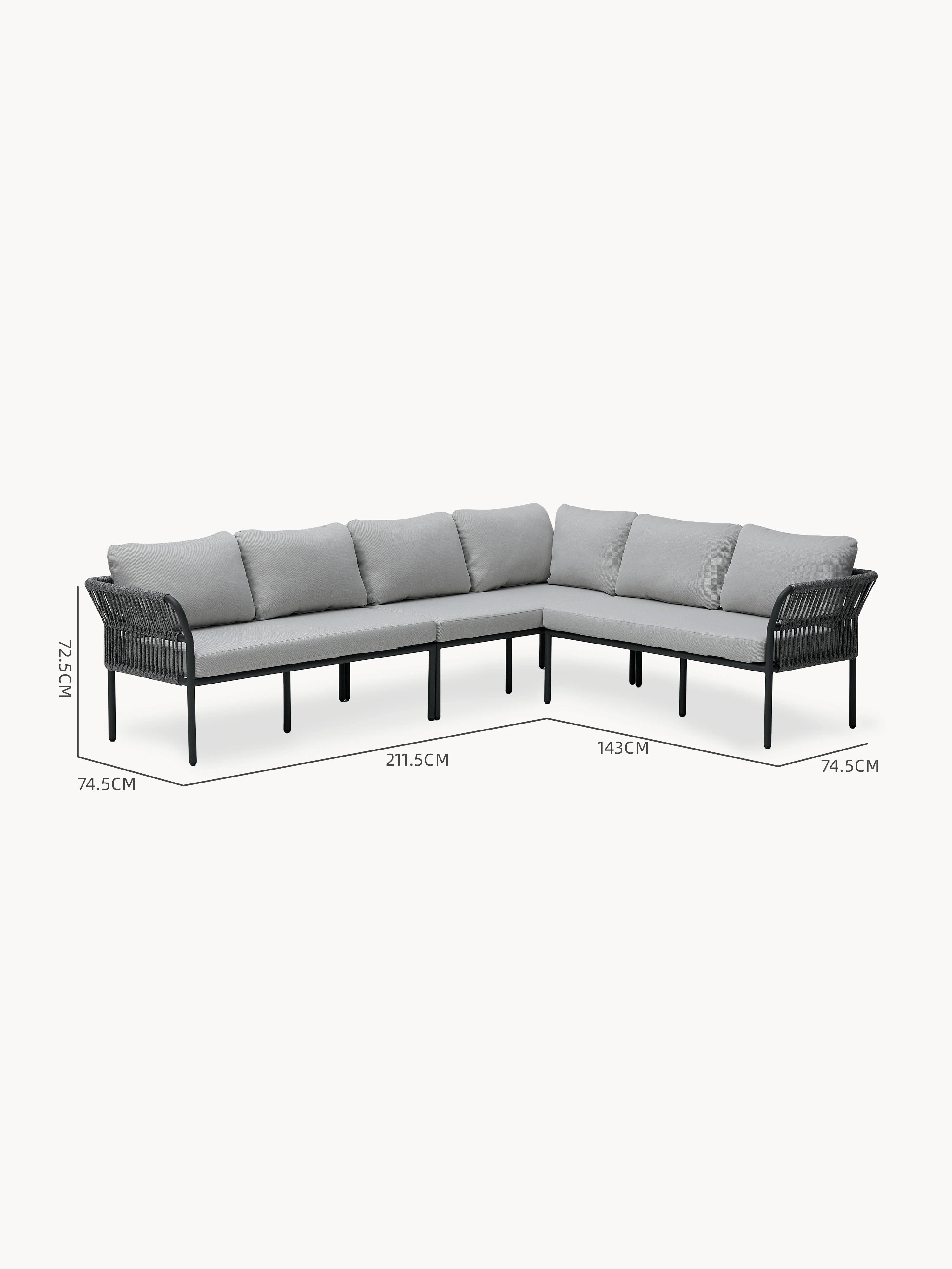 Malaga Garten Ecklounge Set (6-Sitzer) mit L-förmigem Design, schlankem schwarzem Metallrahmen, geflochtenen Seildetails, hellgrauen Sitz- und Rückenkissen; ideal für stilvolle, komfortable Terrassengestaltung.