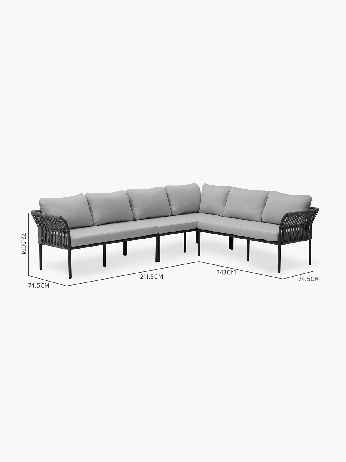 Malaga Garten Ecklounge Set (6-Sitzer) mit L-förmigem Design, schlankem schwarzem Metallrahmen, geflochtenen Seildetails, hellgrauen Sitz- und Rückenkissen; ideal für stilvolle, komfortable Terrassengestaltung.