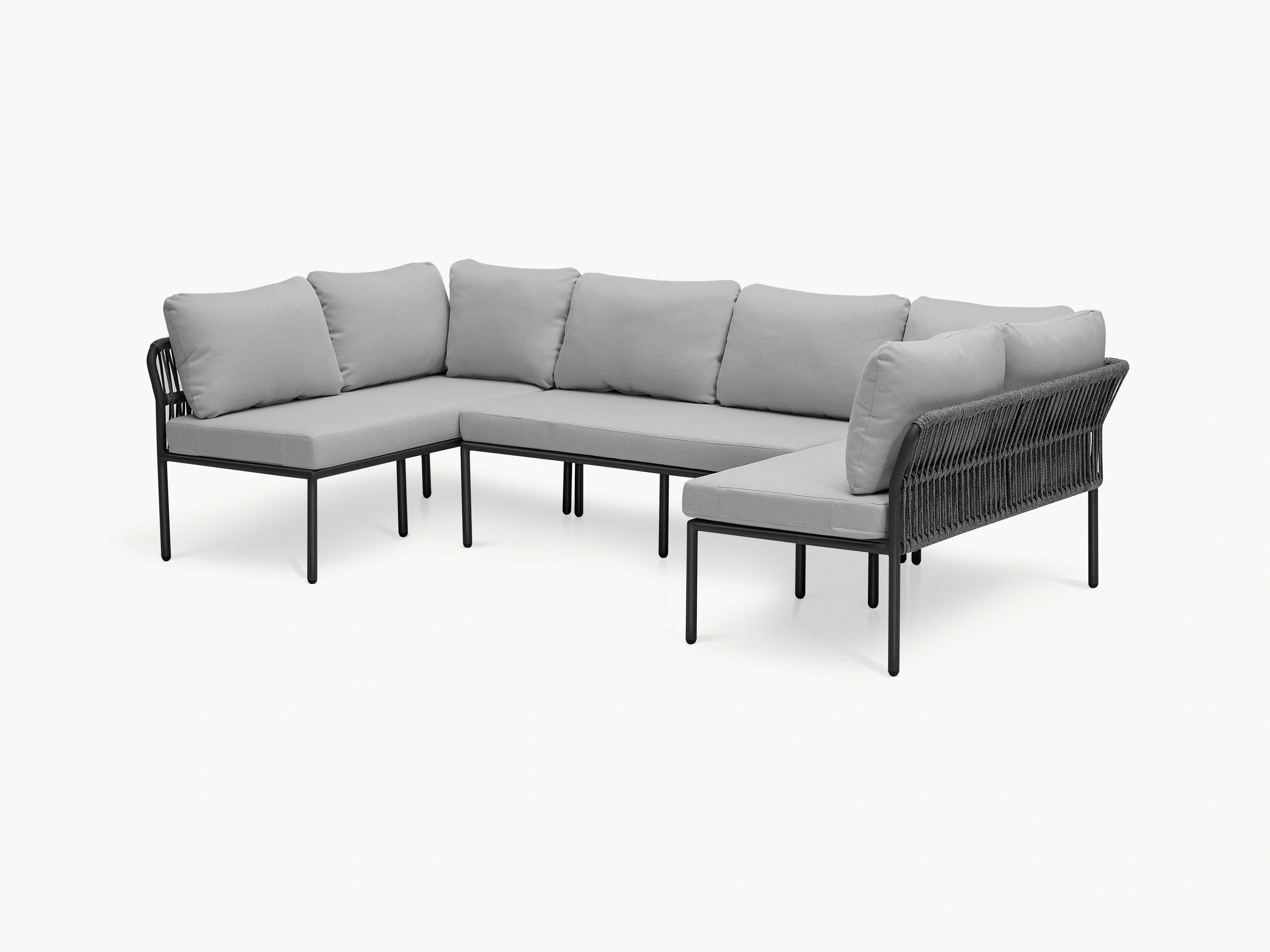 Malaga Garten Ecklounge Set (6-Sitzer) mit grauem Sofa und Kissen, ideal für Terrassen. Es zeigt robustes, modulares Design mit wetterfesten Materialien, perfekt kombinierbar für flexible Außenmöbelgestaltung.
