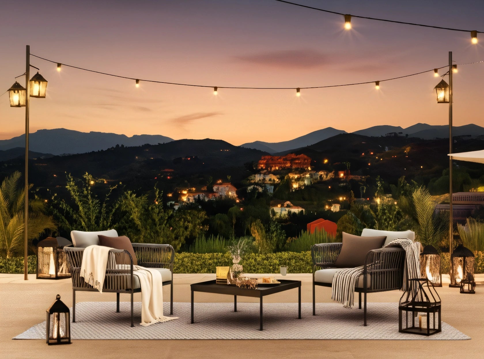 Malaga Garten Ecklounge Set auf einer Terrasse mit Blick in die Ferne, bestehend aus wetterfestem Aluminium und Olefin-Stoff, bietet Komfort, Flexibilität und robustes Design für stilvolle Outdoor-Bereiche.