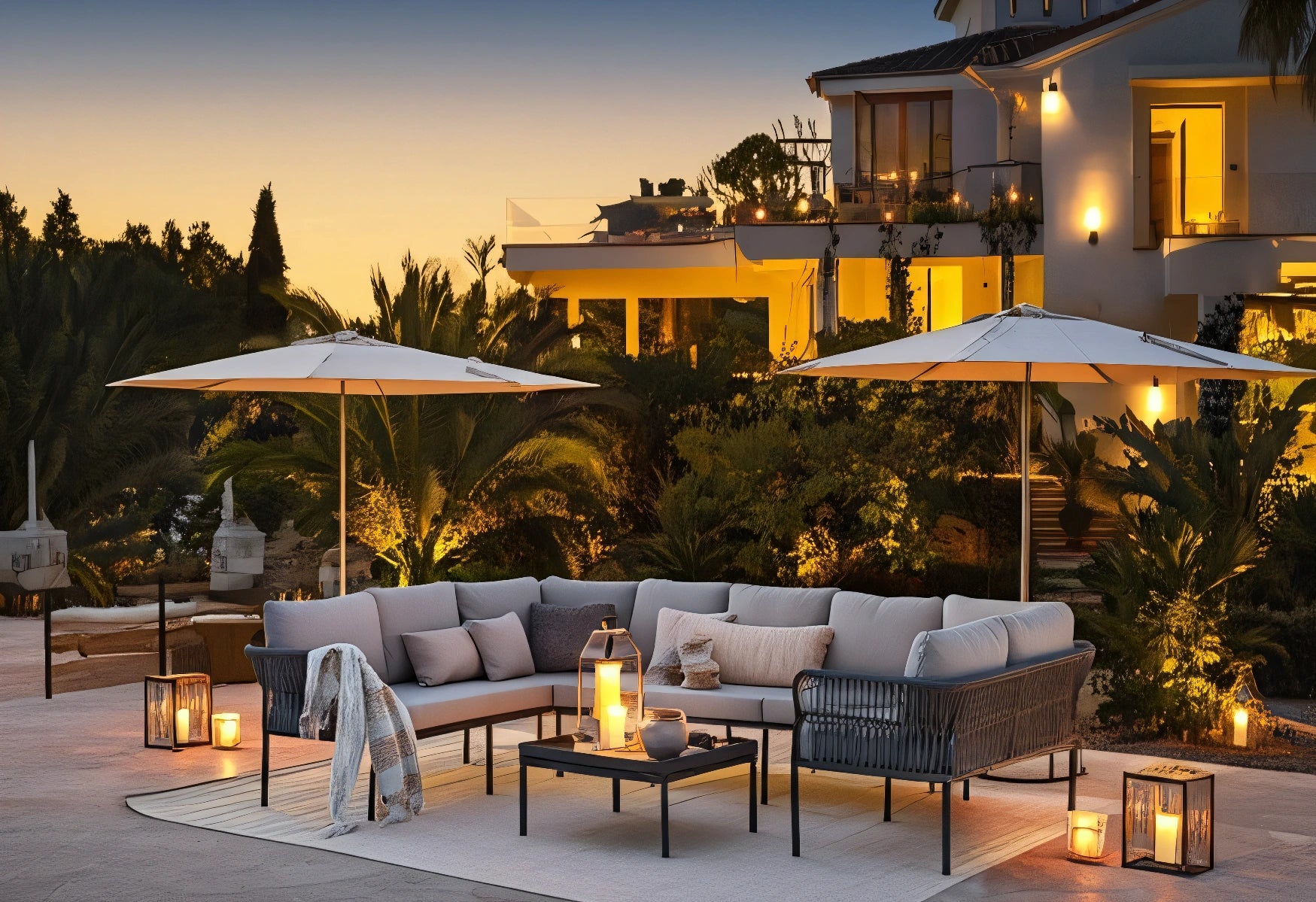 Malaga Garten Ecklounge Set (6-Sitzer) auf einer Terrasse mit Sofas und weißen Schirmen, zeichnet sich durch wetterfestes, modulares Design mit Aluminiumrahmen und Zugbändern für vielseitige Gestaltung aus.