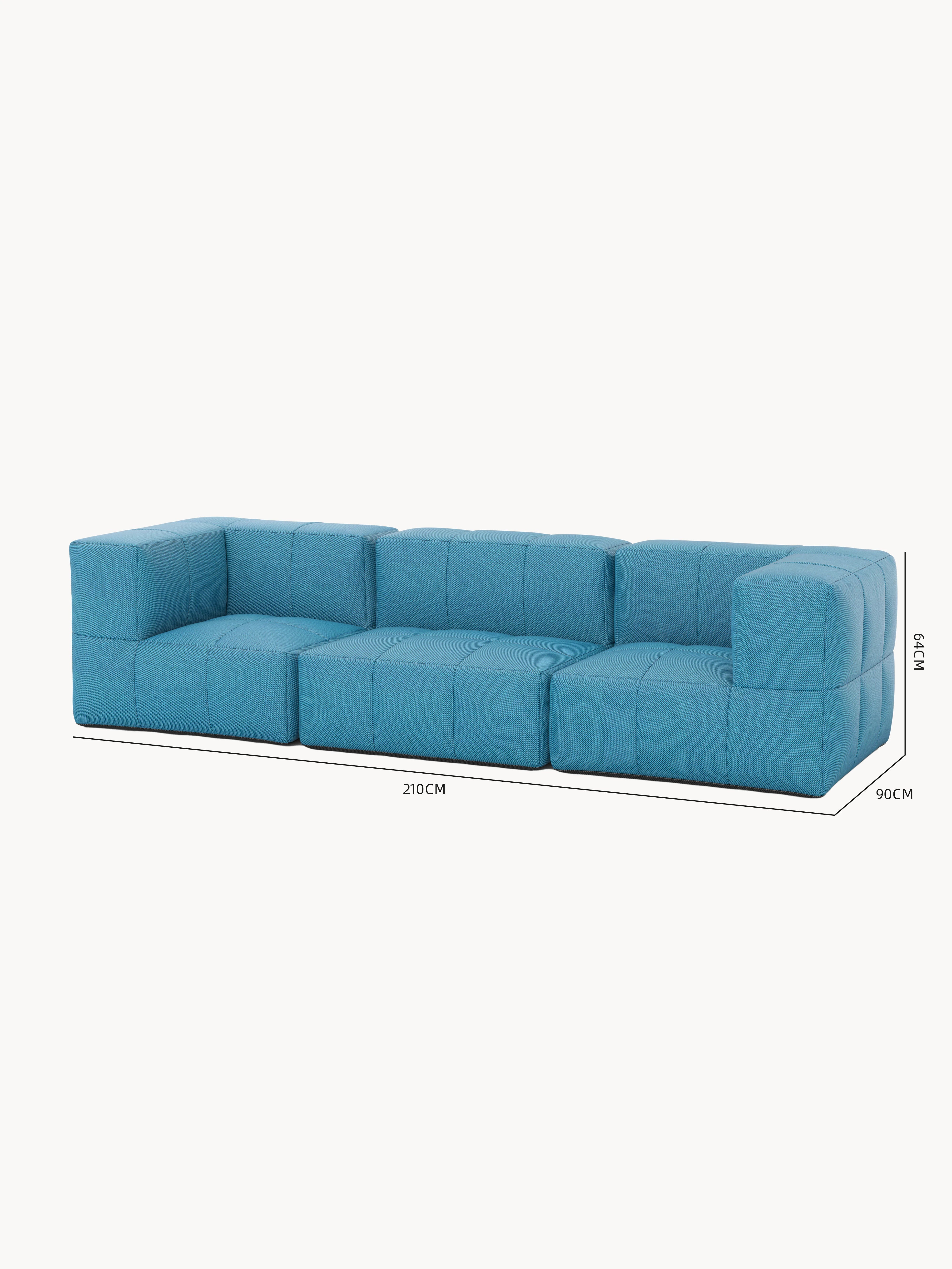 Modulares Garten-Lounge-Set Marshmallow, 3er-Set: Ein niedriges, modulares Sofa mit kubischen, getufteten Blöcken in leuchtendem Stoff, ideal für individuelle Gestaltung. Maße: 210 cm breit, 90 cm tief, 64 cm hoch.