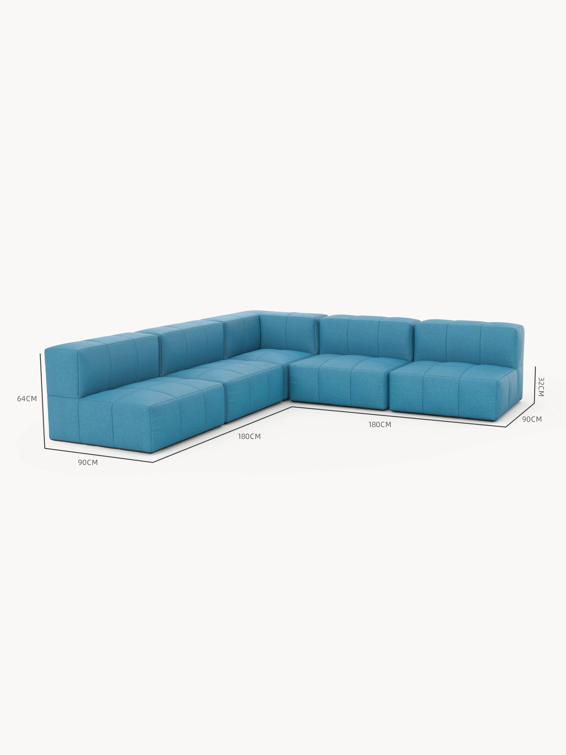 Modulares Garten-Lounge-Set Marshmallow, 5er-Set: L-förmiges, modulares Sofa mit blauen, würfelförmigen Sitzen. Maße: L180 x T90 x H64 cm; Sitzhöhe 32 cm.
