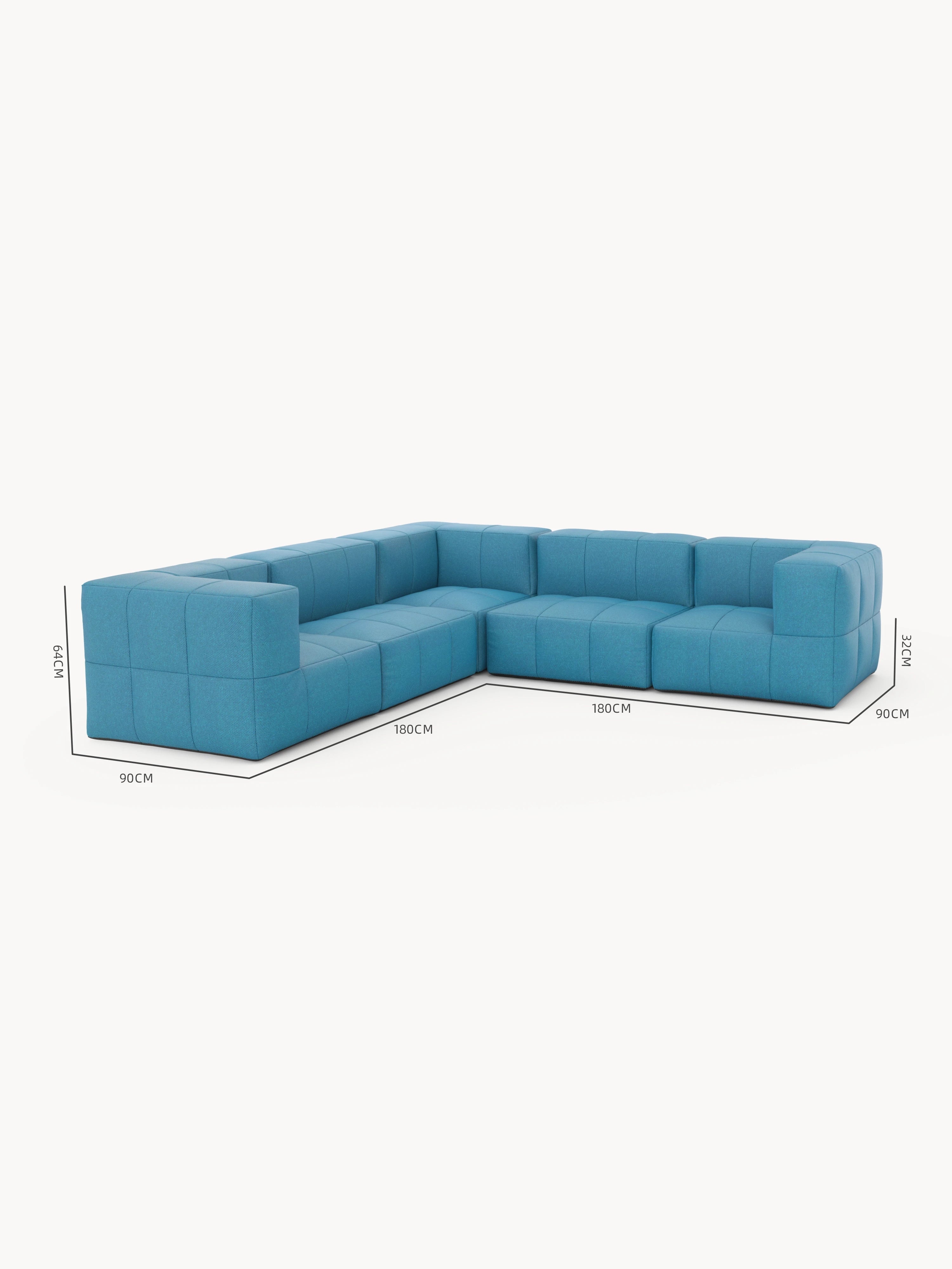 Modulares Garten-Lounge-Set Marshmallow, 5er-Set: L-förmiges Sofa mit blauen, blockartigen, getufteten Modulen. Dimensionen: 180 cm Länge, 90 cm Tiefe, 64 cm Rückenlehnenhöhe, 32 cm Sitzhöhe.