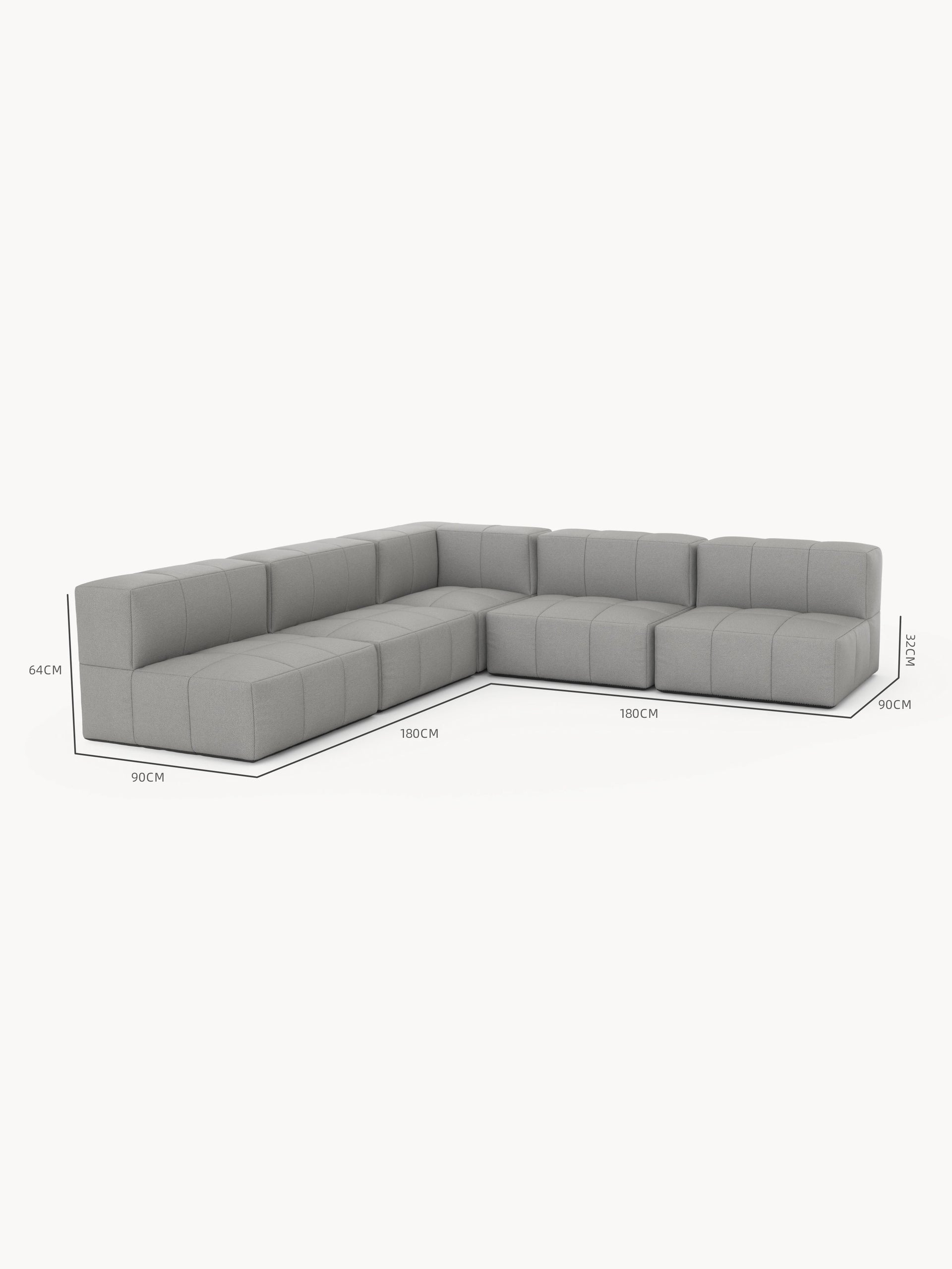 Modulares Garten-Lounge-Set Marshmallow, 5er-Set: L-förmiges Sofa aus grauem Stoff mit quadratischen Modulen, 180 cm Länge pro Seite, 90 cm Tiefe, 64 cm Rückenlehne, 32 cm Sitzhöhe.
