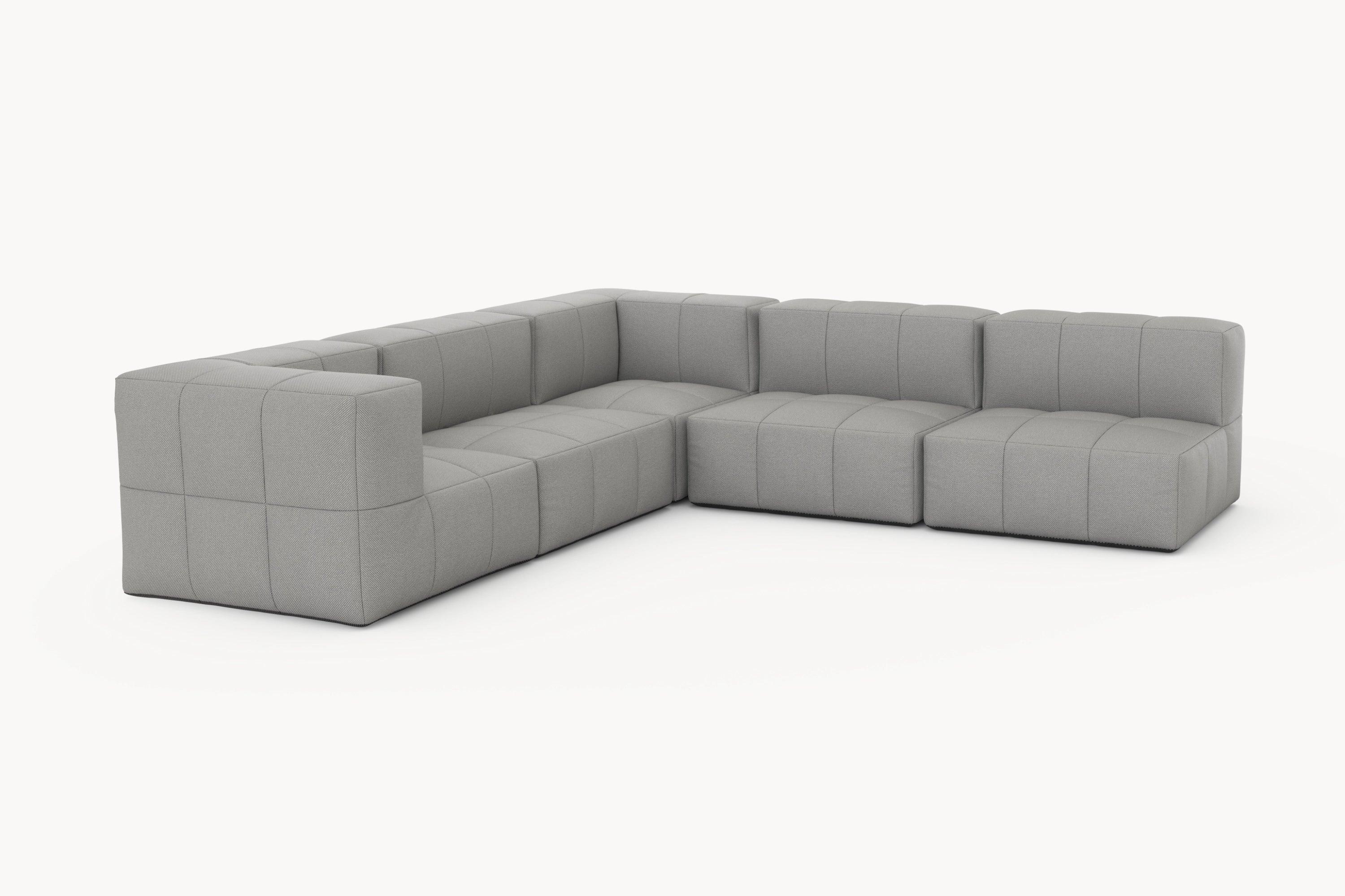 Marshmallow Modular Sofa Set (5-Sitzer): Ein graues, modulares Sofa im Studio-Setup, inspiriert von Marshmallows, ideal für individuelle Gestaltung von Lounges, mit langlebiger und umweltfreundlicher Materialqualität.