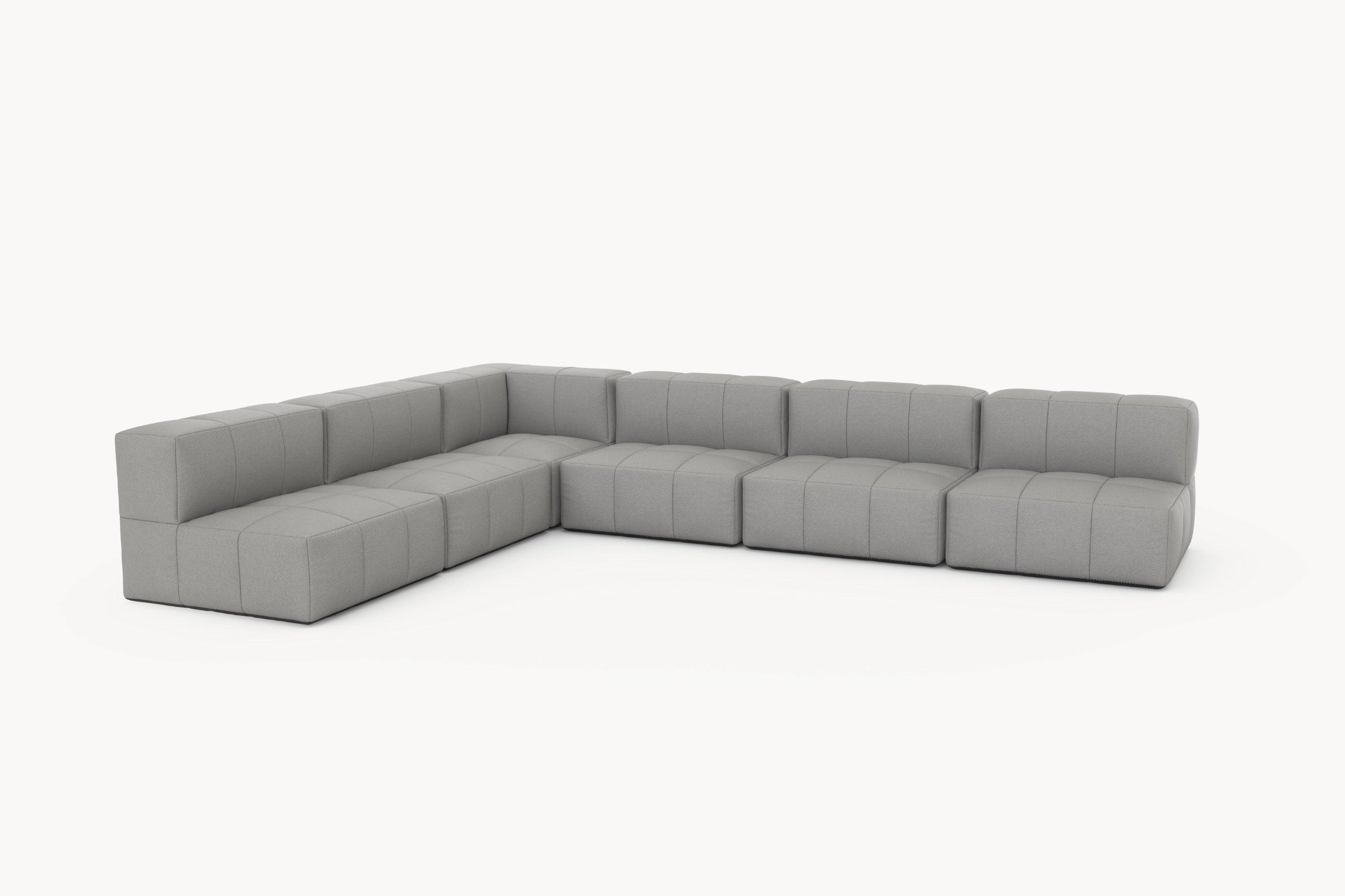Marshmallow Modular Sofa Set (6-Sitzer) von Finqa: Ein anpassbares, modulares Sofa mit grauem, wasserabweisendem Bezug, inspiriert von Marshmallows. Perfekt für individuelle, nachhaltige Lounge-Kreationen im Außenbereich.