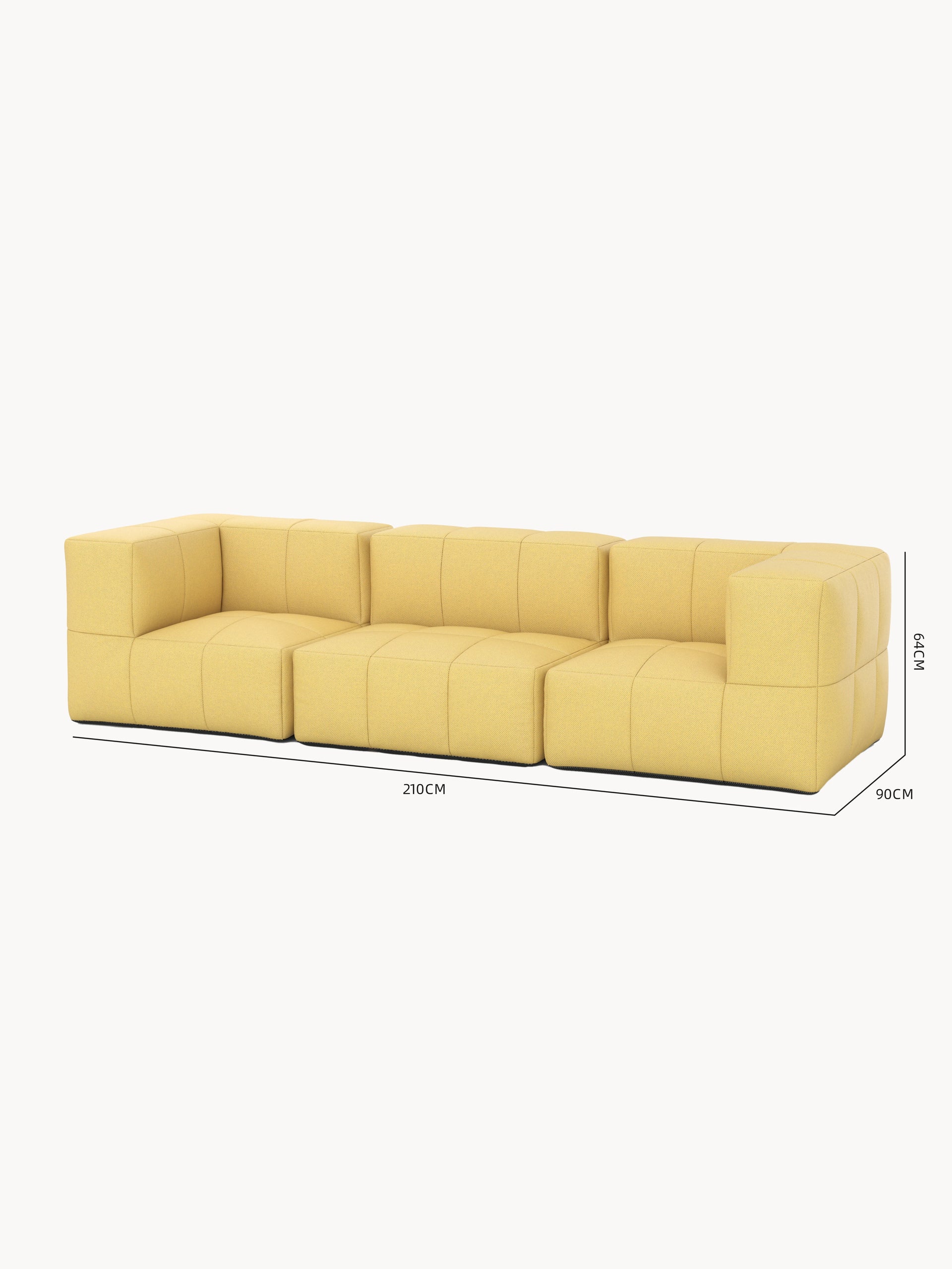 Modulares Garten-Lounge-Set Marshmallow, 3er-Set: Ein dreisitziges, modulares Sofa in weicher gelber Polsterung, bestehend aus zwei Arm-/Eckmodulen und drei Mittelsitzen. Dimensionen: 210 cm breit, 90 cm tief, 64 cm hoch.