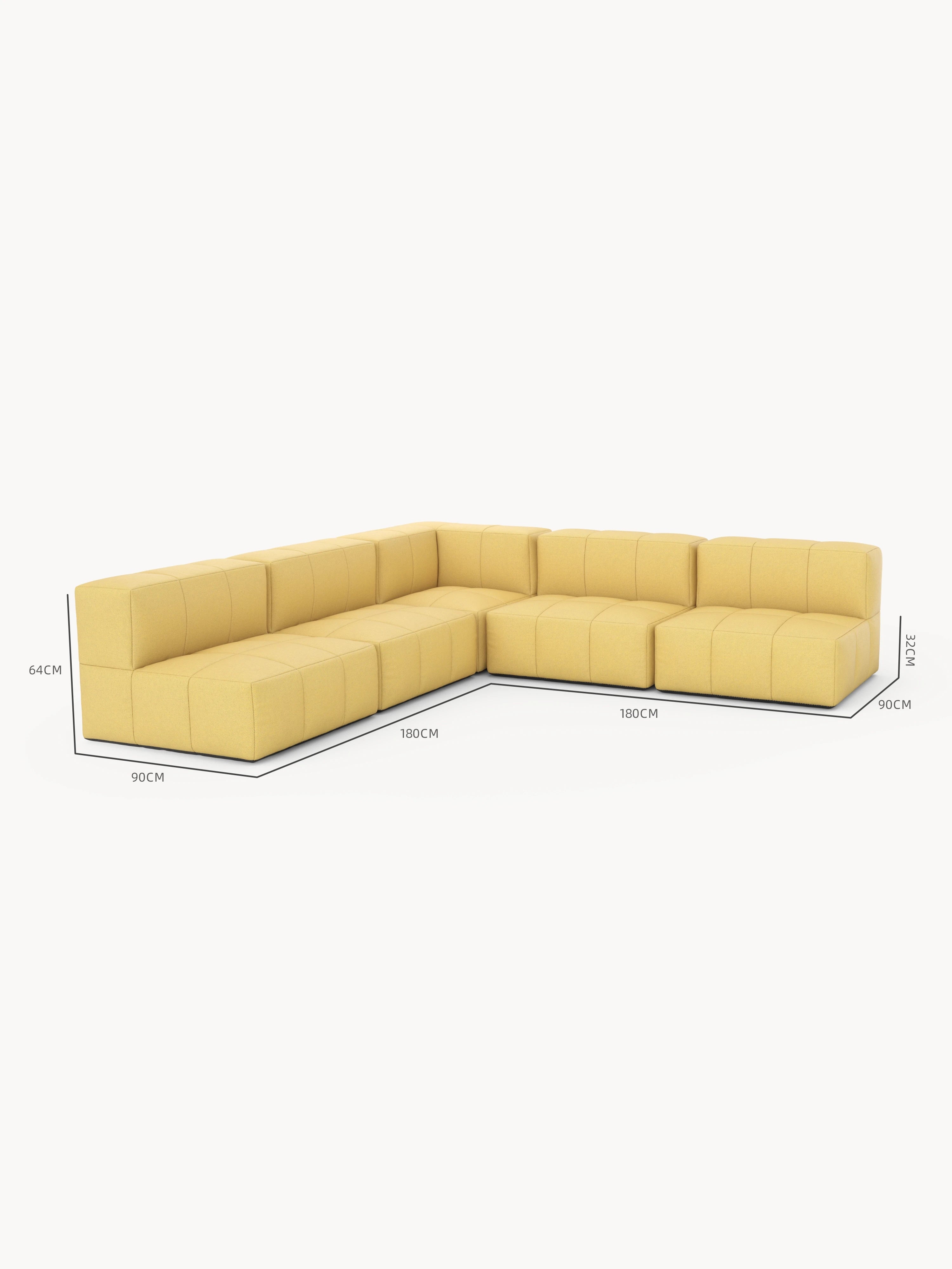 Modulares Garten-Lounge-Set Marshmallow, 5er-Set: 3-D-Darstellung eines modularen, L-förmigen Sofas mit 90 cm Tiefe und 32 cm Sitzhöhe, inspiriert von Marshmallows, aus nachhaltigen, wasserabweisenden Materialien.