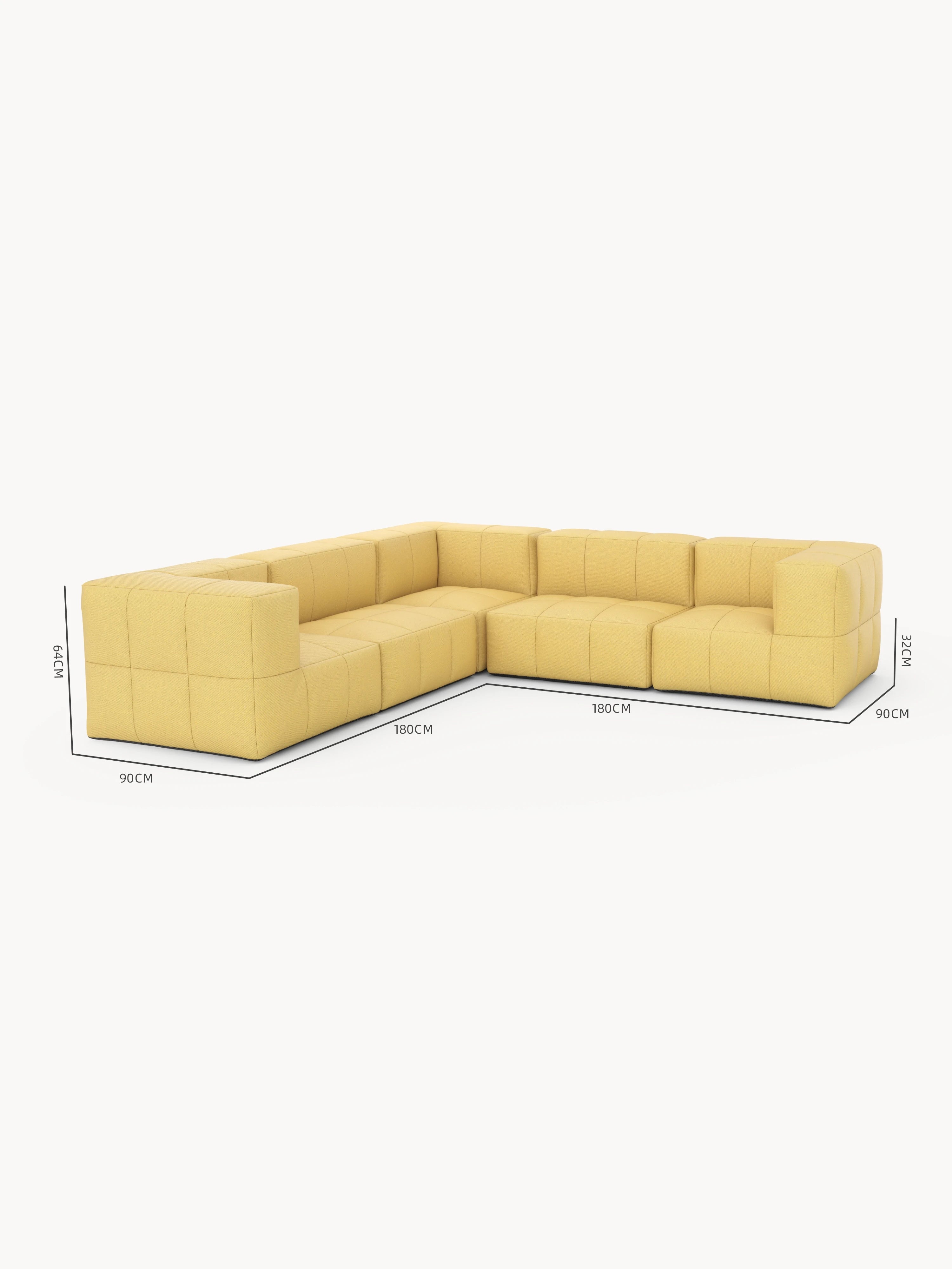 Modulares Garten-Lounge-Set Marshmallow, 5er-Set: Modernes, niedriges L-förmiges Sofa in Senfgelb, 180 cm Länge, 90 cm Tiefe, 64 cm Rückenhöhe, 32 cm Sitzhöhe, inspiriert von Marshmallows, modular und umweltfreundlich.