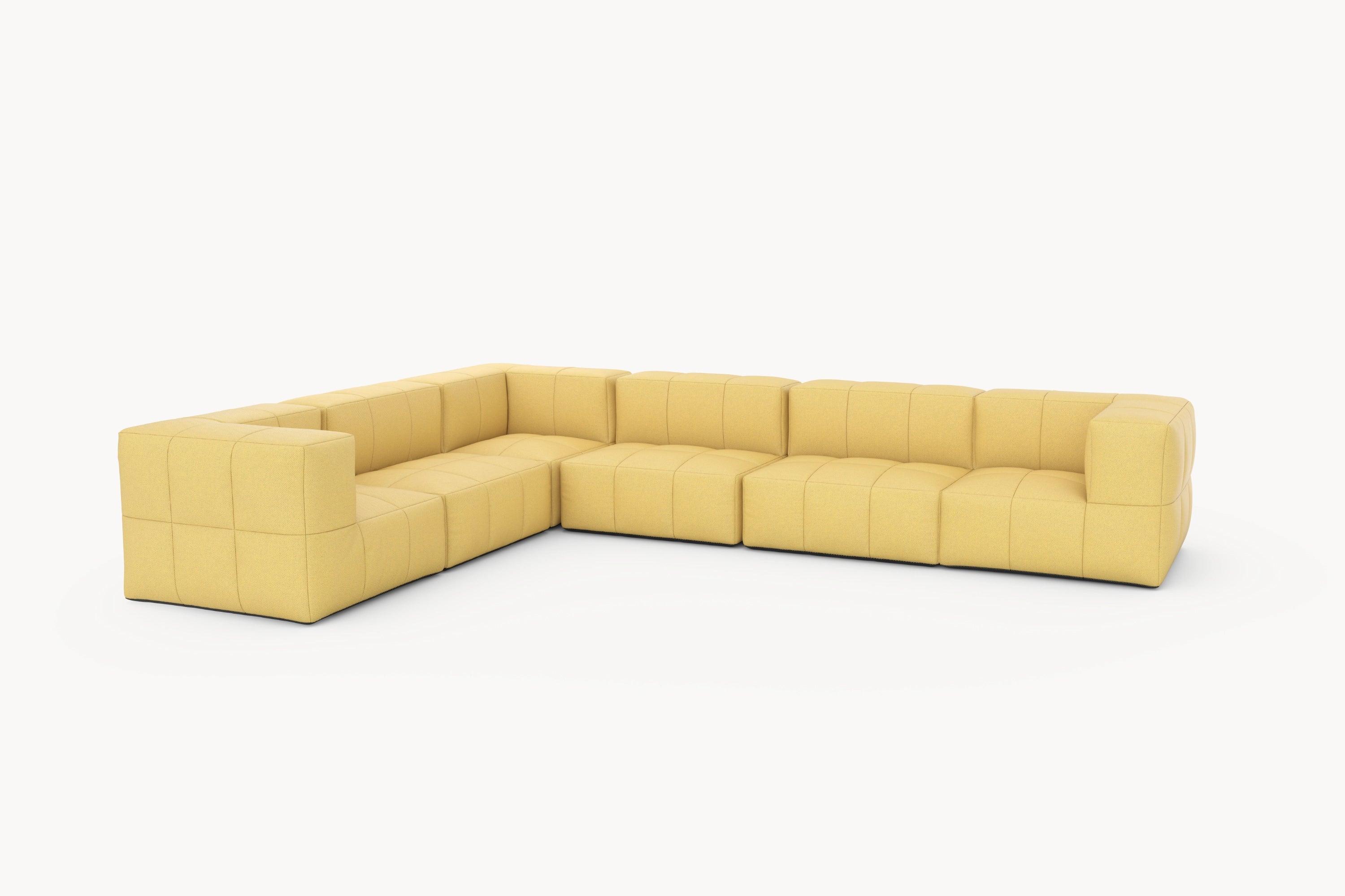 Marshmallow Modular Sofa Set (6-Sitzer), ein stilvolles, gelbes Sofa mit schwarzen Beinen, ideal für flexible Outdoor-Gestaltungen. Langlebig und nachhaltig, inspiriert von Marshmallows.