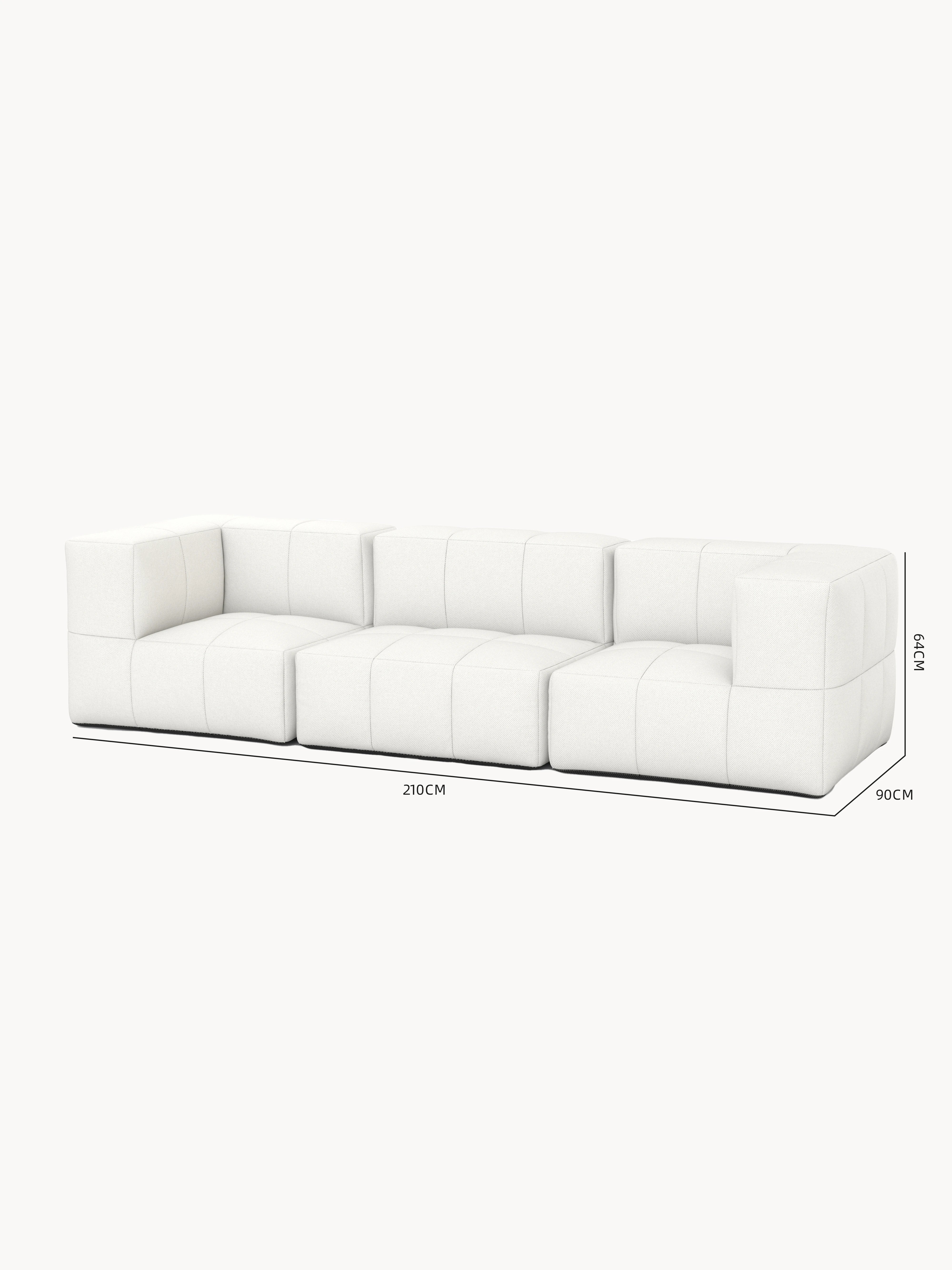 Modulares Garten-Lounge-Set Marshmallow, 3er-Set: Dreisitziges, niedriges Sofa aus drei blockartigen, getufteten Abschnitten, 210 cm breit, 90 cm tief, 64 cm hoch, inspiriert von Marshmallows, mit nachhaltigen, wasserabweisenden Materialien.