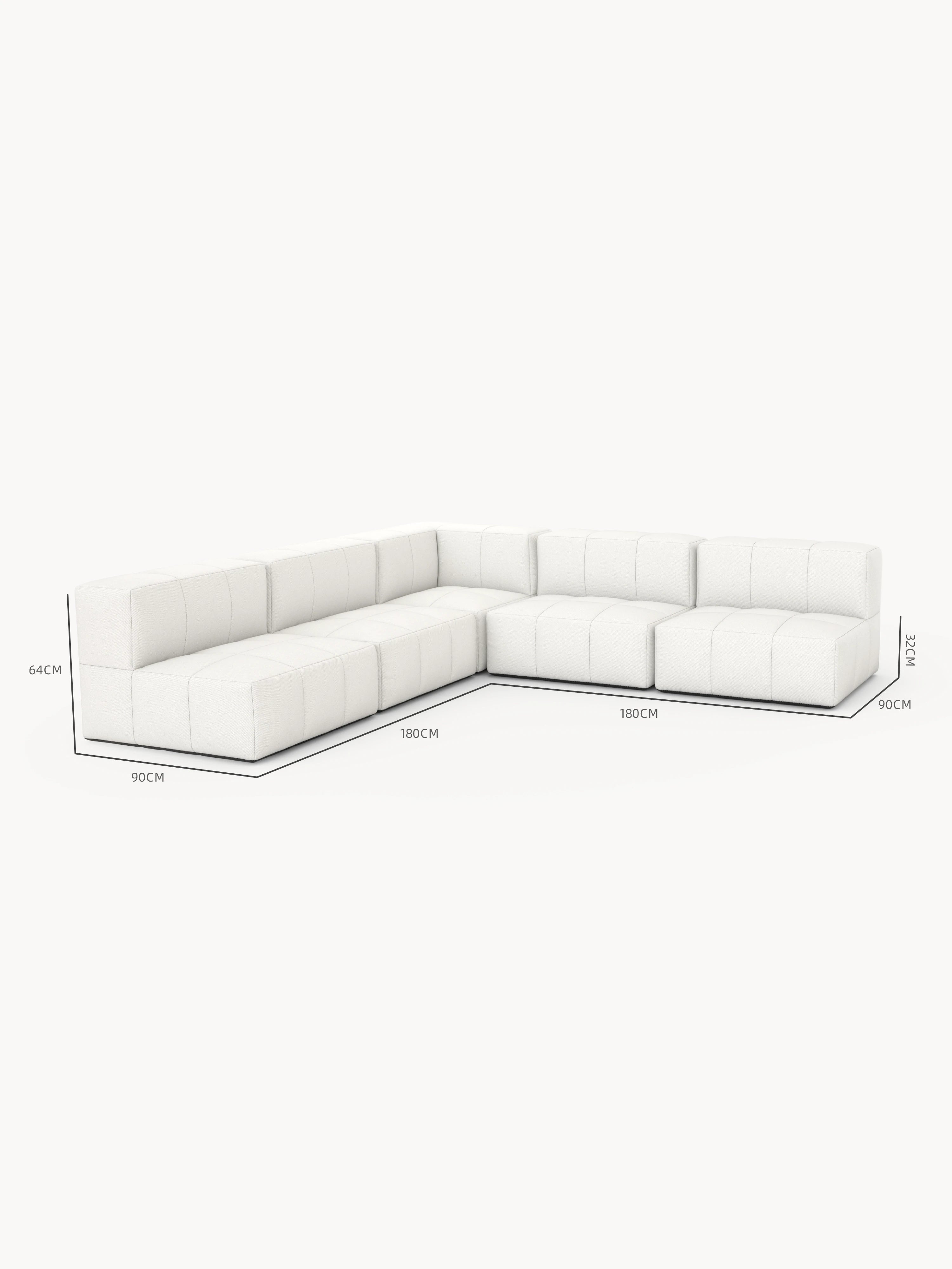 Modulares Garten-Lounge-Set Marshmallow, 5er-Set: Modernes, L-förmiges Sofa mit sanft getuftetem Design. Maße: 180 cm pro Schenkel, 90 cm Tiefe, 32 cm Sitzhöhe, 64 cm Rückenlehnenhöhe.