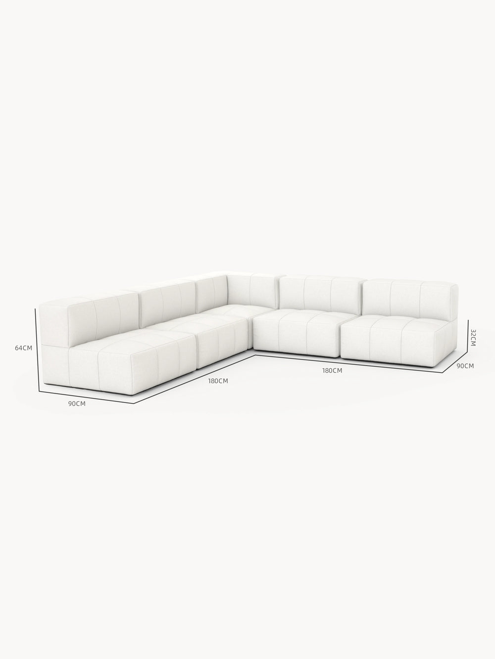 Modulares Garten-Lounge-Set Marshmallow, 5er-Set: Modernes, L-förmiges Sofa mit sanft getuftetem Design. Maße: 180 cm pro Schenkel, 90 cm Tiefe, 32 cm Sitzhöhe, 64 cm Rückenlehnenhöhe.
