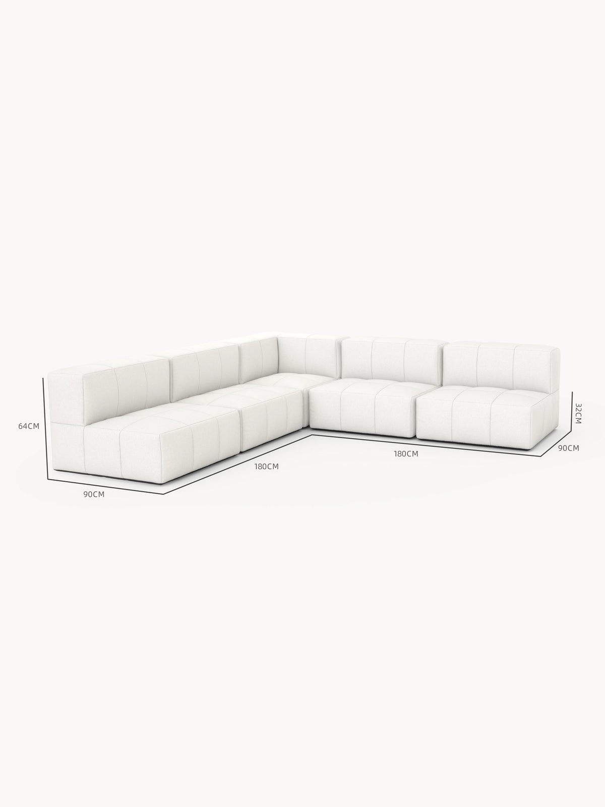 Modulares Garten-Lounge-Set Marshmallow, 5er-Set: Modernes, L-förmiges Sofa mit sanft getuftetem Design. Maße: 180 cm pro Schenkel, 90 cm Tiefe, 32 cm Sitzhöhe, 64 cm Rückenlehnenhöhe.