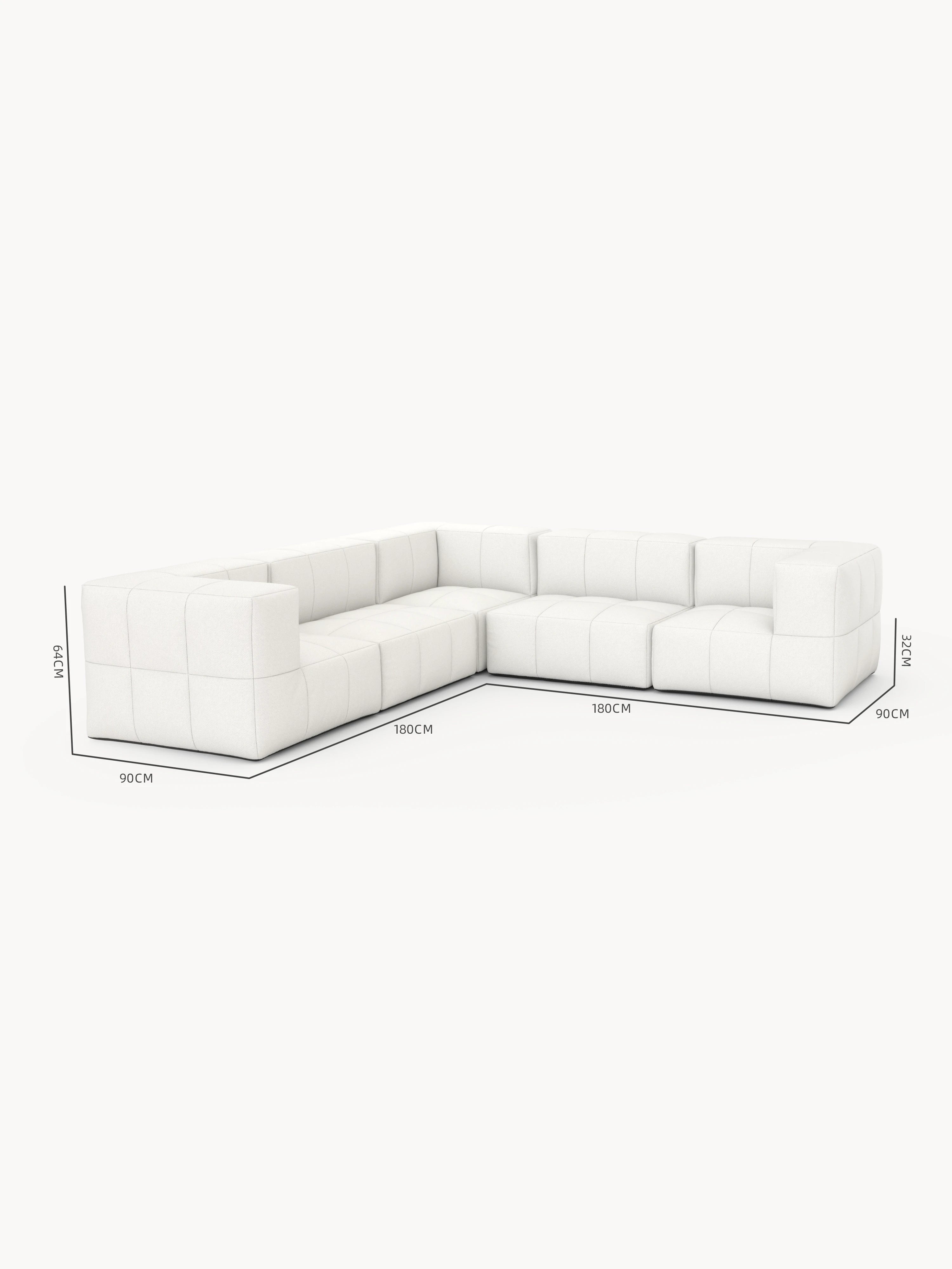 Modulares Garten-Lounge-Set Marshmallow, 5er-Set: L-förmiges Sofa mit 180 cm langen Seiten, 90 cm Sitztiefe, 32 cm Sitzhöhe. Hochwertige, wetterfeste Materialien bieten Komfort und Flexibilität für individuelle Outdoor-Gestaltung.