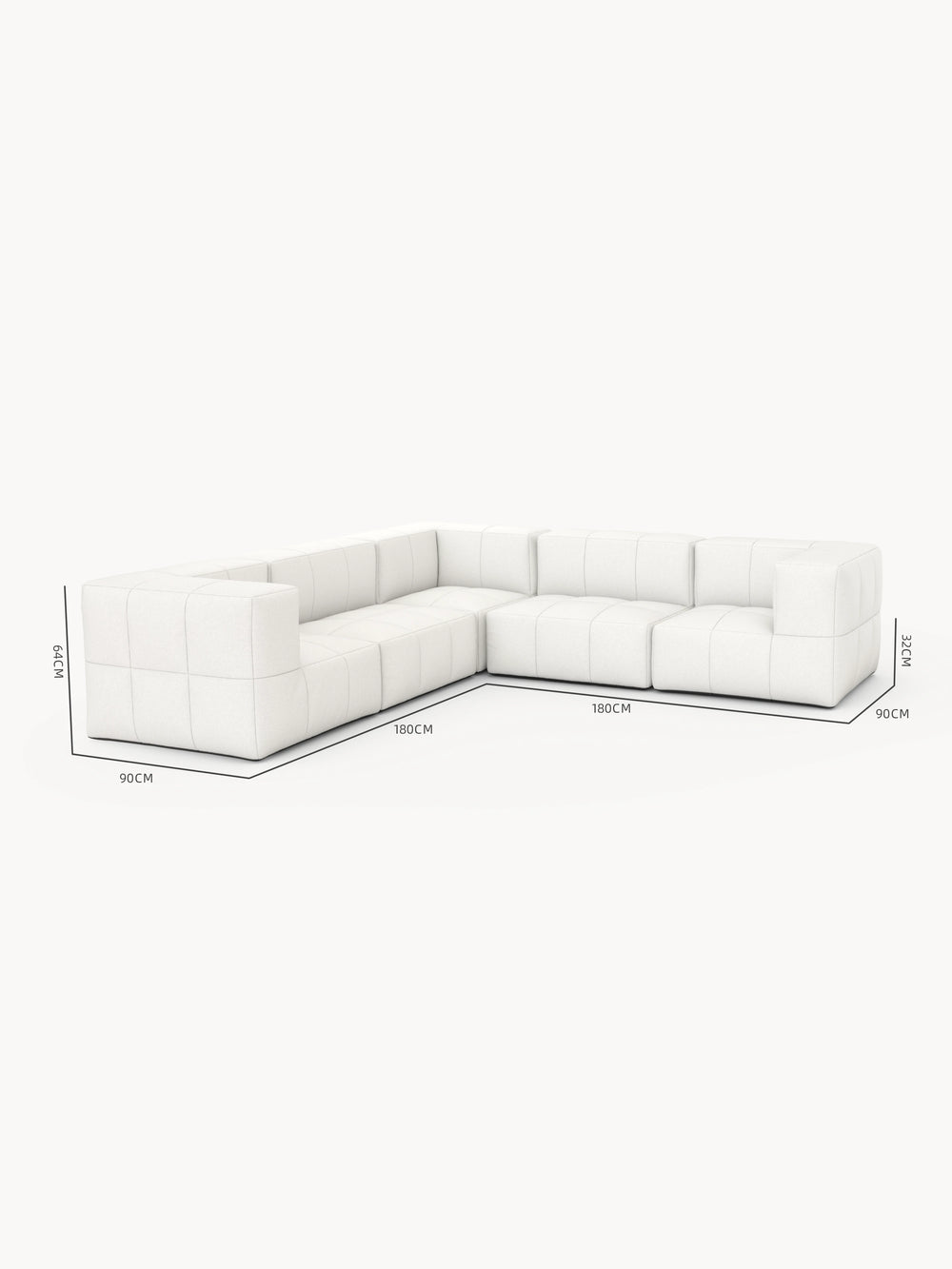 Modulares Garten-Lounge-Set Marshmallow, 5er-Set: L-förmiges Sofa mit 180 cm langen Seiten, 90 cm Sitztiefe, 32 cm Sitzhöhe. Hochwertige, wetterfeste Materialien bieten Komfort und Flexibilität für individuelle Outdoor-Gestaltung.