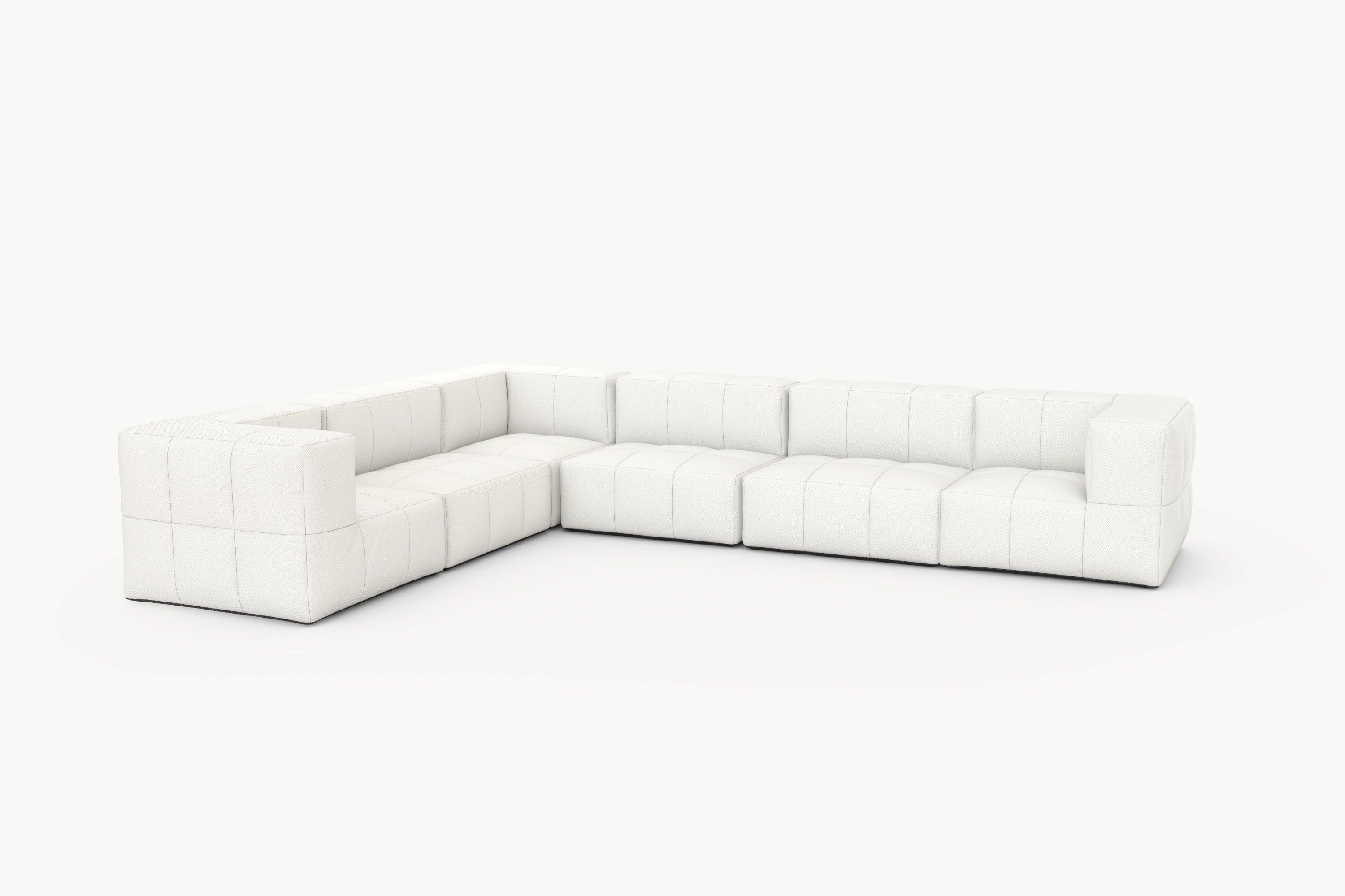 Marshmallow Modular Sofa Set (6-Sitzer) von Finqa: Weißes, modulares Sofa mit schwarzen Beinen, inspiriert von Marshmallows, für flexible, nachhaltige Outdoor-Gestaltung. Ideal für individuelle Lounge-Kreationen.