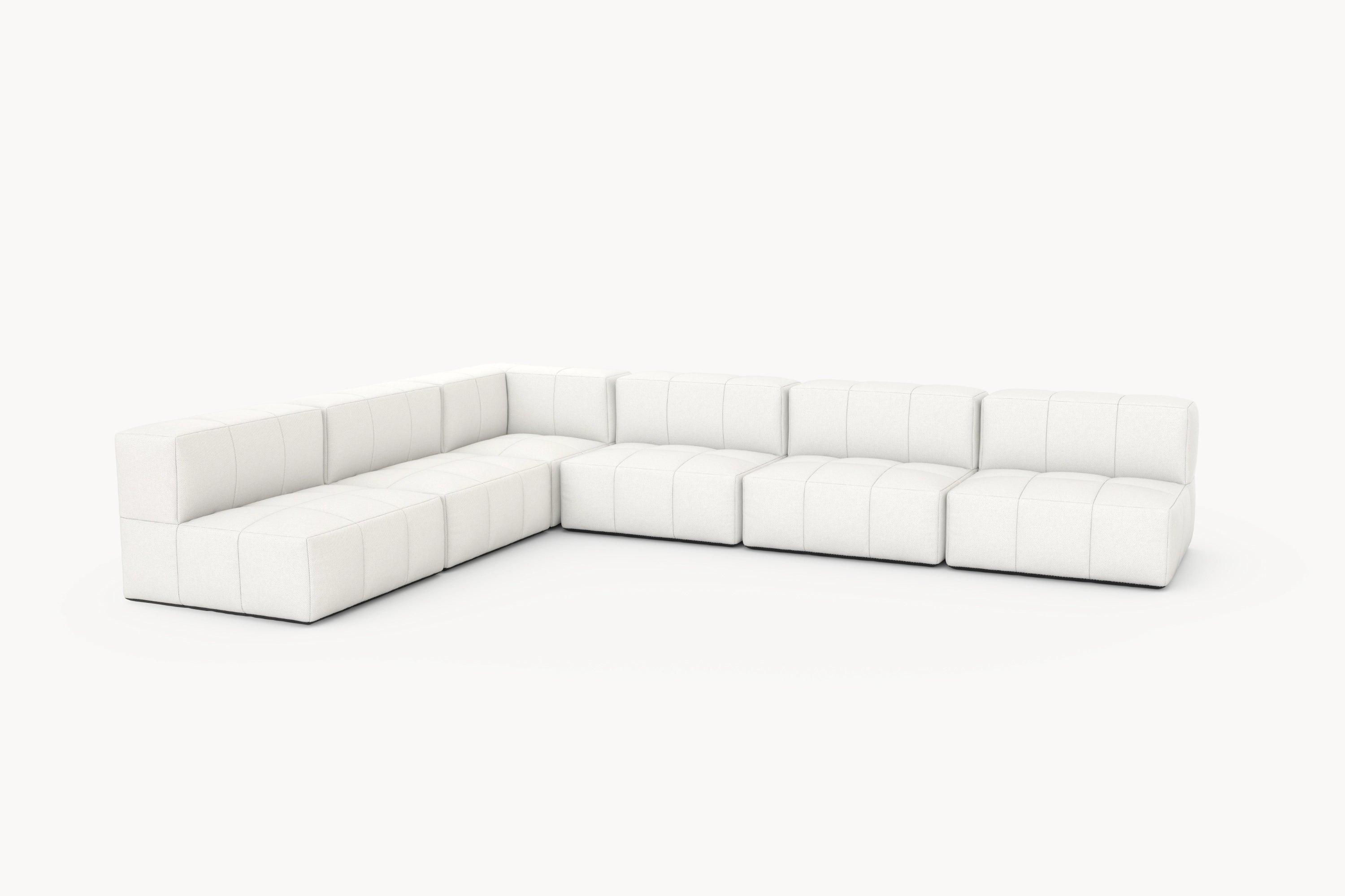 Marshmallow Modular Sofa Set (6-Sitzer) von Finqa: Weißes, modulares Sofa mit zahlreichen Kissen, inspiriert von Marshmallows, bietet flexiblen Komfort und nachhaltiges Design für stilvolle Outdoor-Entspannung.