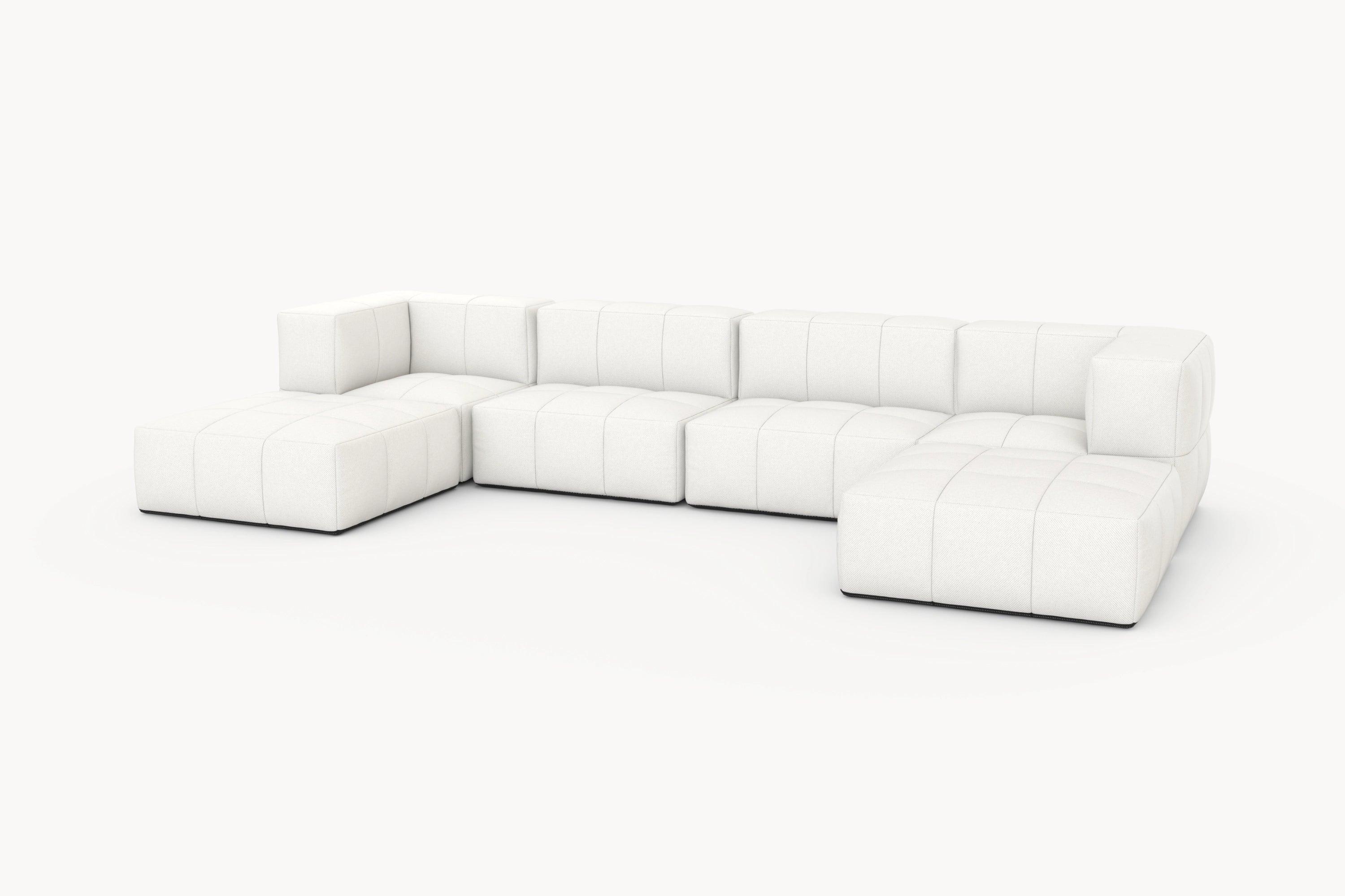Marshmallow Modular Sofa Set (6-Sitzer) mit weißen Polstern und schwarzen Beinen, inspiriert von Marshmallows. Vielseitig gestaltbar für individuellen Komfort, ideal für Gärten und Terrassen.