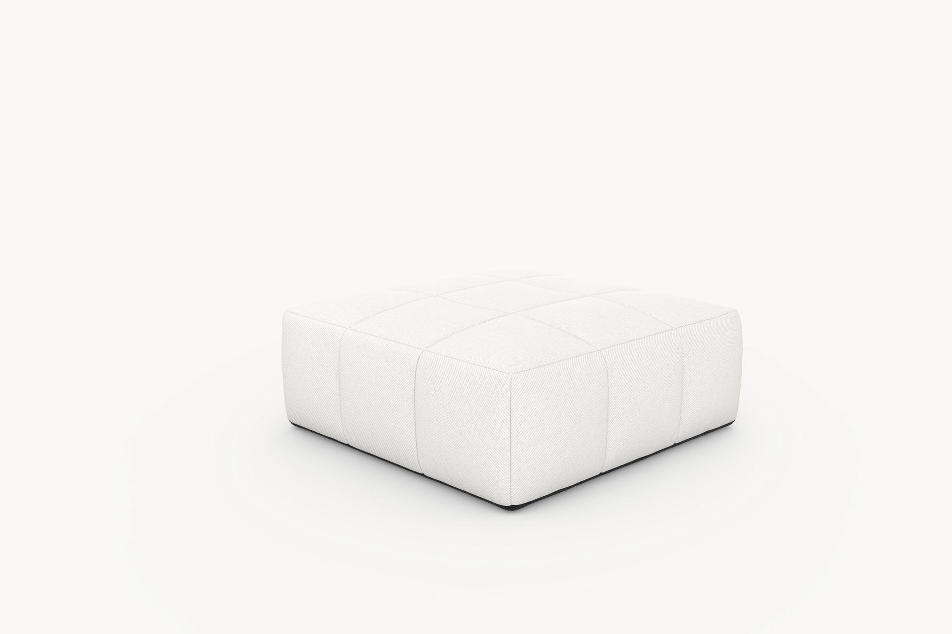 Marshmallow Serie-Bonbon Ottoman: Weißes, quadratisches Möbelstück mit schwarzem Sockel und Beinen, Teil eines modularen, nachhaltigen Sofa-Sets von Finqa, inspiriert von Kindheitserinnerungen an Marshmallows.