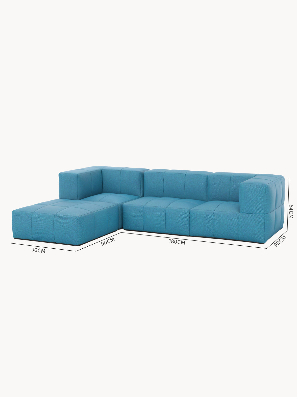 Babymax, 4er-Set (Copy): L-förmiges, modulares Sofa mit hellblauer Polsterung, bestehend aus würfelförmigen, tuftierten Segmenten, die neu arrangiert oder erweitert werden können. Maße: Chaiselänge 90 cm, Hauptsitz 180 cm, Armhöhe 64 cm.