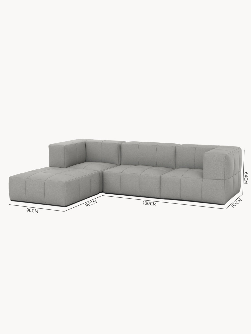Babymax, 4er-Set (Copy) Sofa: Modernes, modulares L-förmiges Sofa aus drei grauen, gesteppte Kubus-Sektionen. Flexibles Design inspiriert von Kindheitserinnerungen, ideal für individuelle Lounges.
