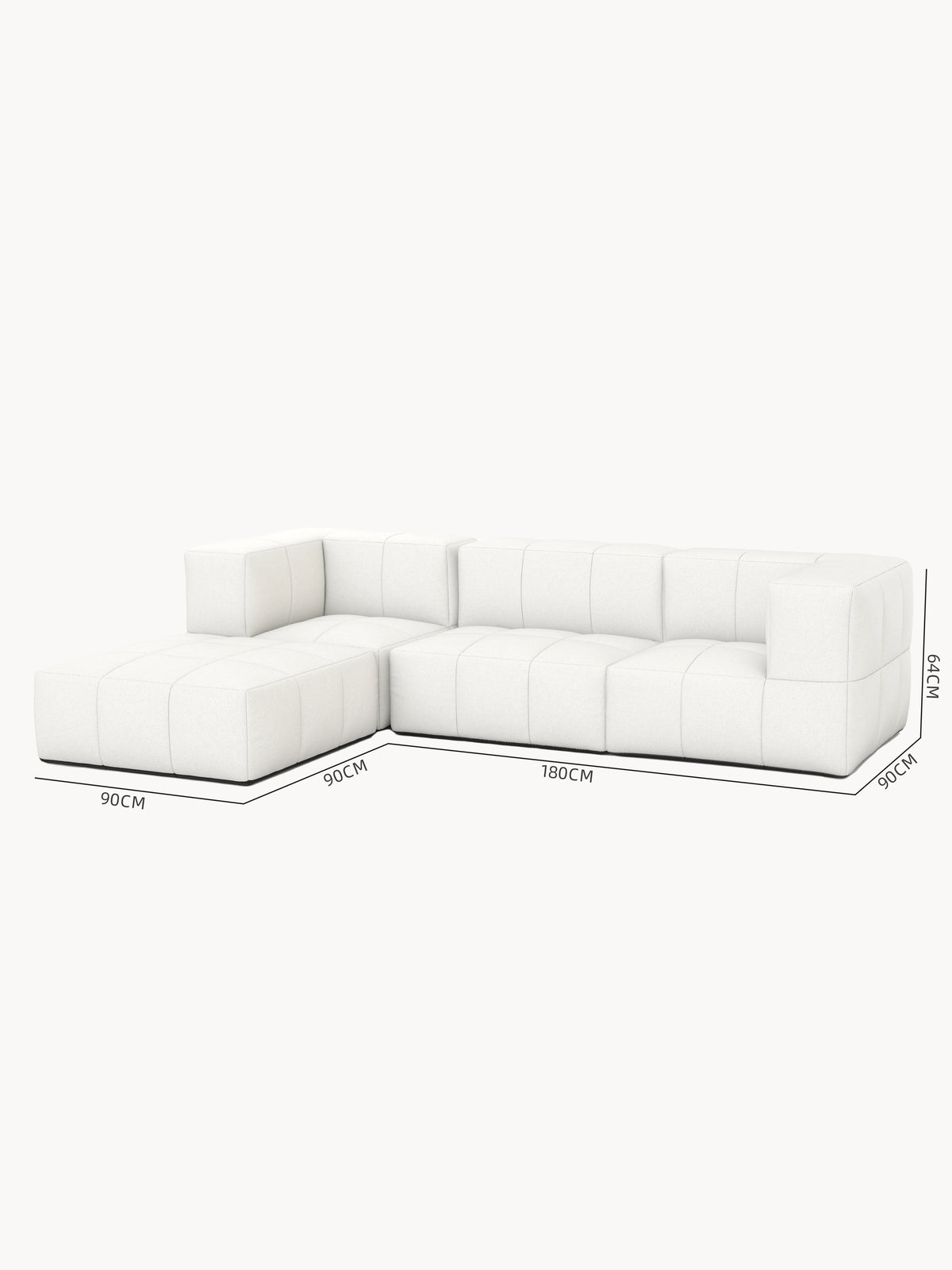 Das Bild zeigt das Babymax, 4er-Set (Copy), ein weißes, L-förmiges, modulares Sofa mit einem niedrigen Profil. Es ist mit detaillierten Maßangaben versehen und verkörpert Finqas nachhaltige Designphilosophie.