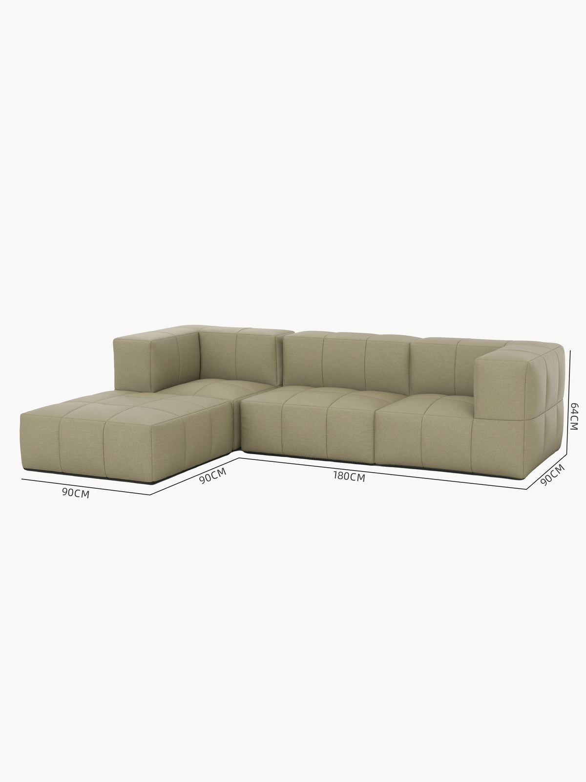 Babymax, 4er-Set (Copy) zeigt ein modernes, L-förmiges, modulares Sofa mit blockartiger, getufteter Polsterung. Es besteht aus einer linken Chaiselongue, einem zentralen Doppelsitz und einem rechten Einzelsitzblock.