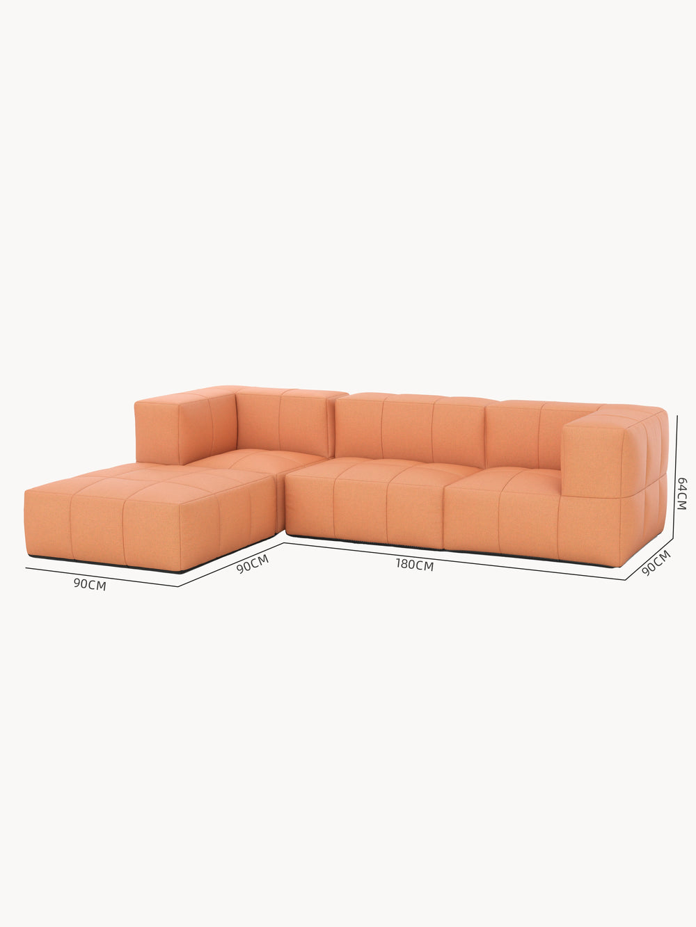 Das Babymax, 4er-Set (Copy) zeigt ein modernes, modulares L-förmiges Sofa mit quiltartiger Steppung, bestehend aus einem linken Chaiselongue, einem mittleren Zweiersitz und einem rechten Einzelsitz mit Armlehne.