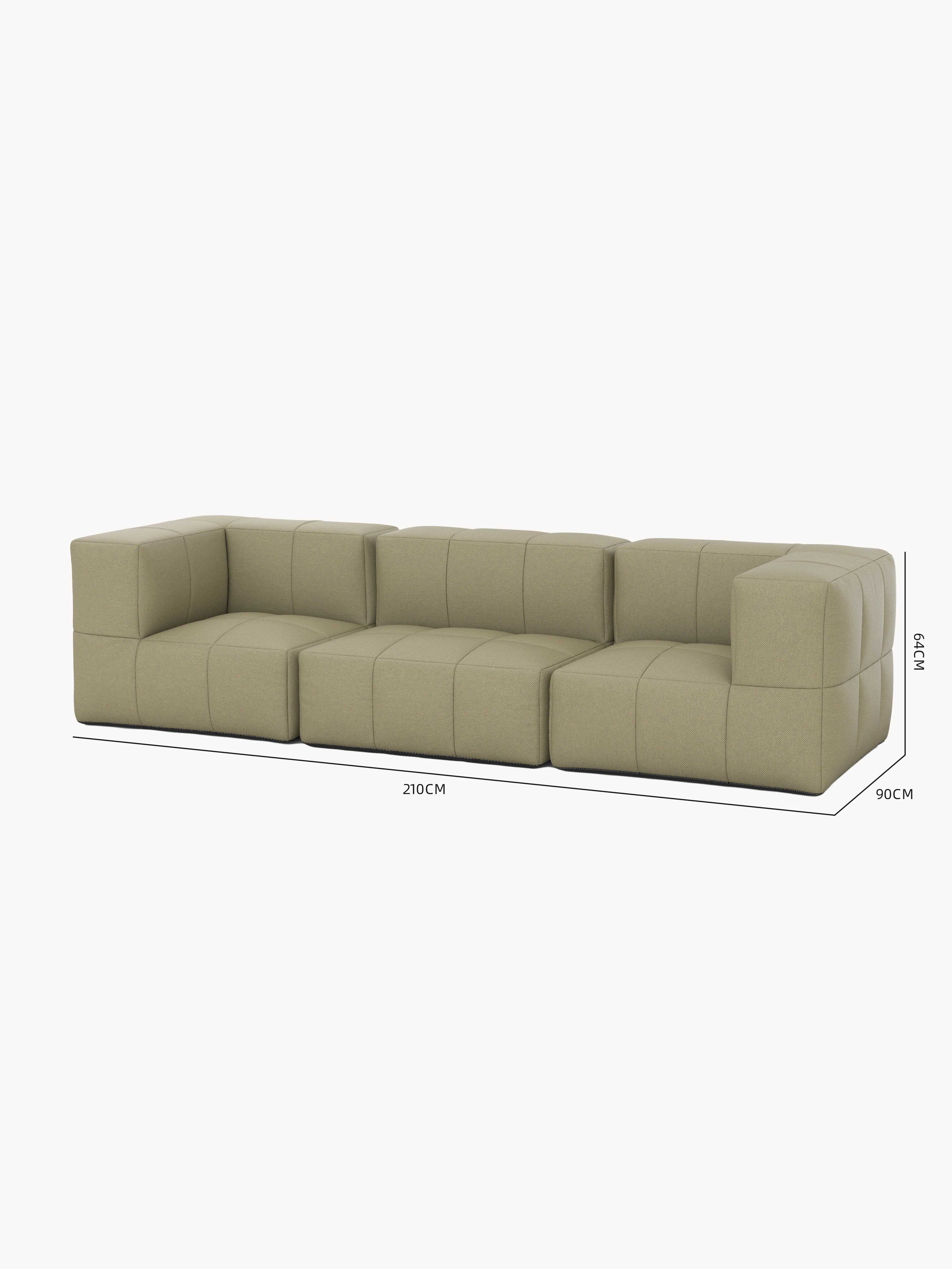 Modulares Garten-Lounge-Set Marshmallow, 3er-Set, bestehend aus blockartigen, getufteten Würfelmodulen in Olive/Kaki-Stoff, zeigt drei zentrale Sitzeinheiten mit zwei flankierenden Endmodulen, 210 cm breit, 90 cm tief, 64 cm hoch.
