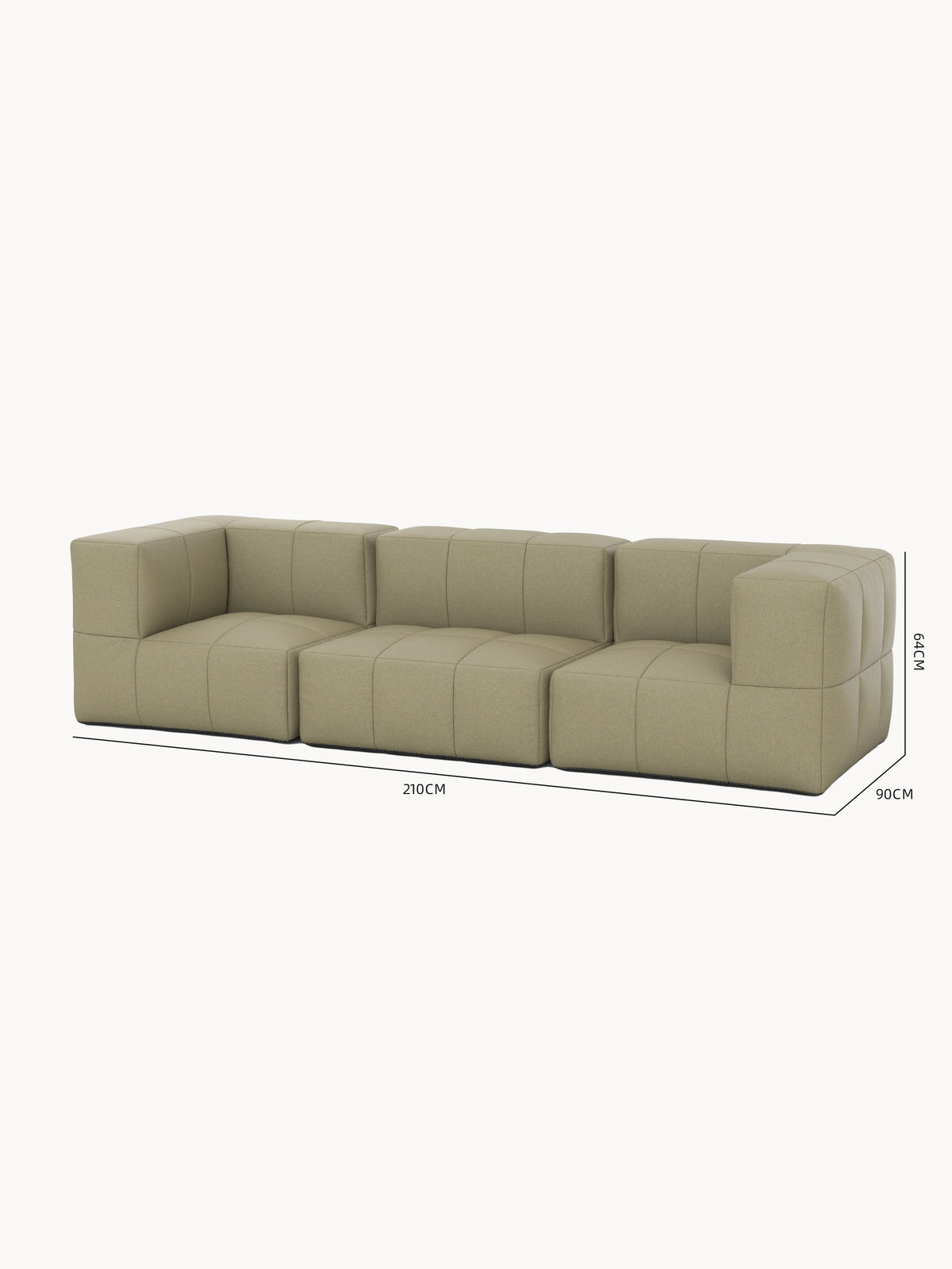 Modulares Garten-Lounge-Set Marshmallow, 3er-Set, bestehend aus blockartigen, getufteten Würfelmodulen in Olive/Kaki-Stoff, zeigt drei zentrale Sitzeinheiten mit zwei flankierenden Endmodulen, 210 cm breit, 90 cm tief, 64 cm hoch.