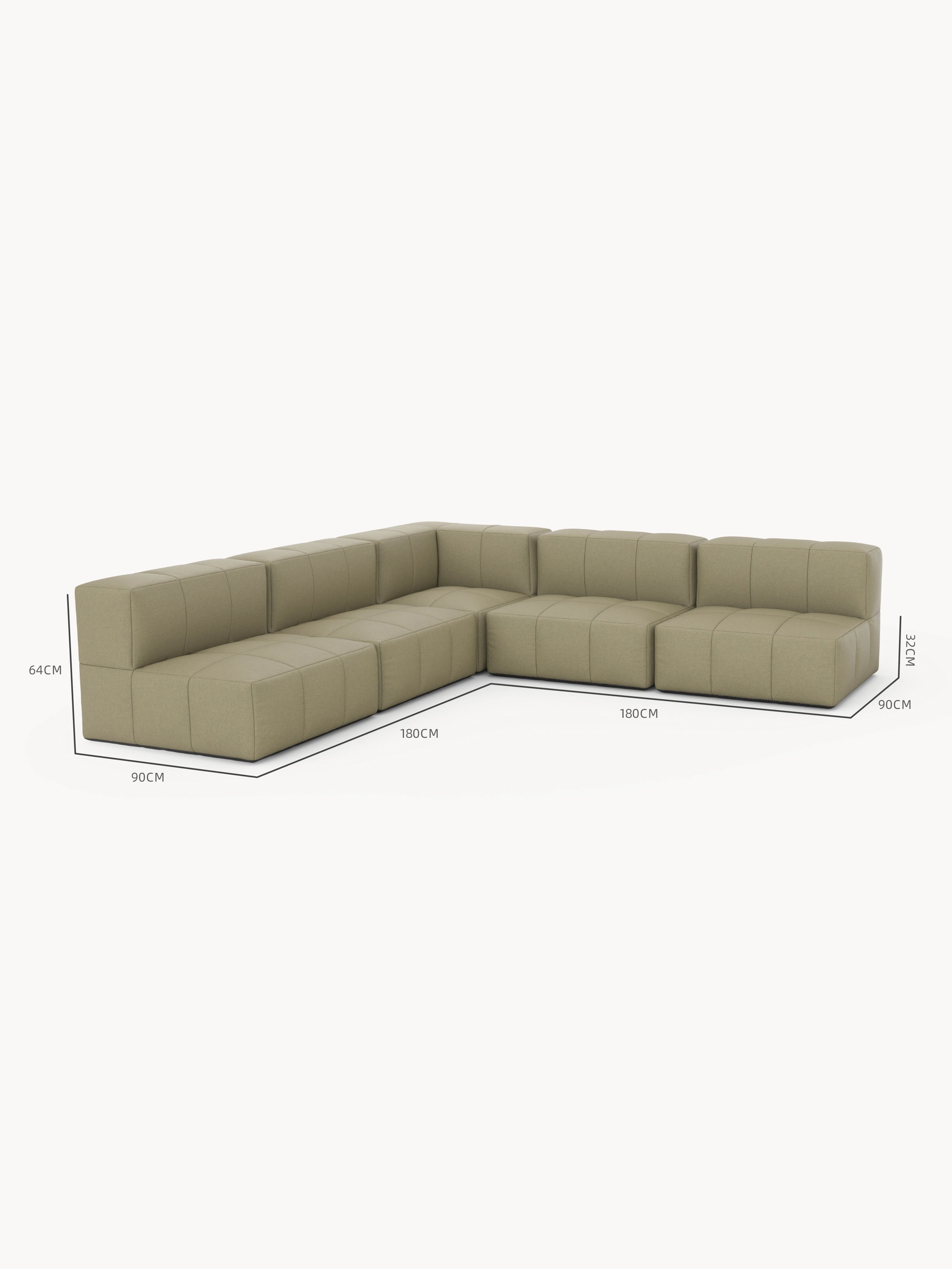 Modulares Garten-Lounge-Set Marshmallow, 5er-Set: L-förmiges, beiges Sofa mit quadratischer Tuftung, 180 cm lange Seiten, 90 cm Tiefe, 64 cm Rückenlehne, 32 cm Sitzhöhe.
