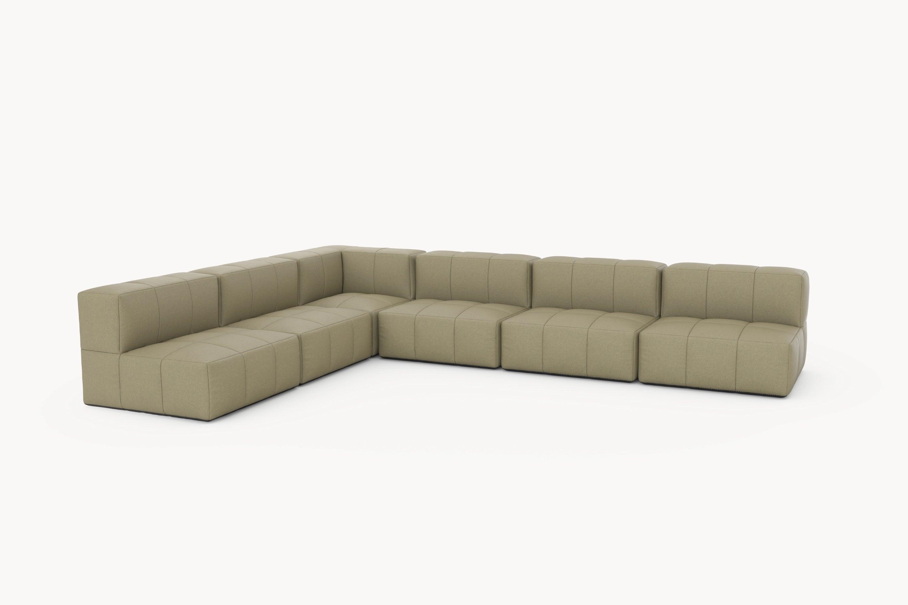 Marshmallow Modular Sofa Set (6-Sitzer) mit zahlreichen Kissen, inspiriert von Marshmallows. Das modulare Design ermöglicht individuelle Gestaltung für komfortable, wetterfeste und nachhaltige Loungemomente im Freien.