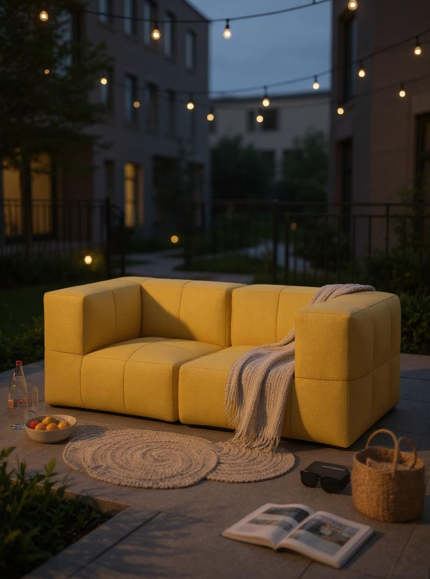 Marshmallow Modular Sofa Set S: Nahaufnahme eines modularen Sofas mit komfortablen, an Marshmallows erinnernden Polstern, ideal für entspannte Momente im Freien. Anpassbar und nachhaltig, perfekt für Terrassen oder Balkone.