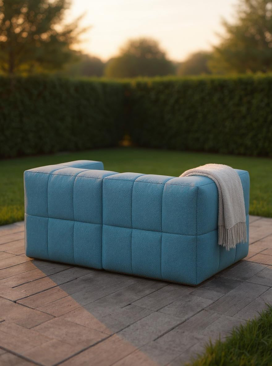 Marshmallow Modular Sofa Set S, inspiriert von Marshmallows, zeigt wasserabweisende, schmutzresistente Stoffe aus recycelten Fasern, ideal für flexible Outdoor-Lounges. Nachhaltig, komfortabel und individuell gestaltbar.