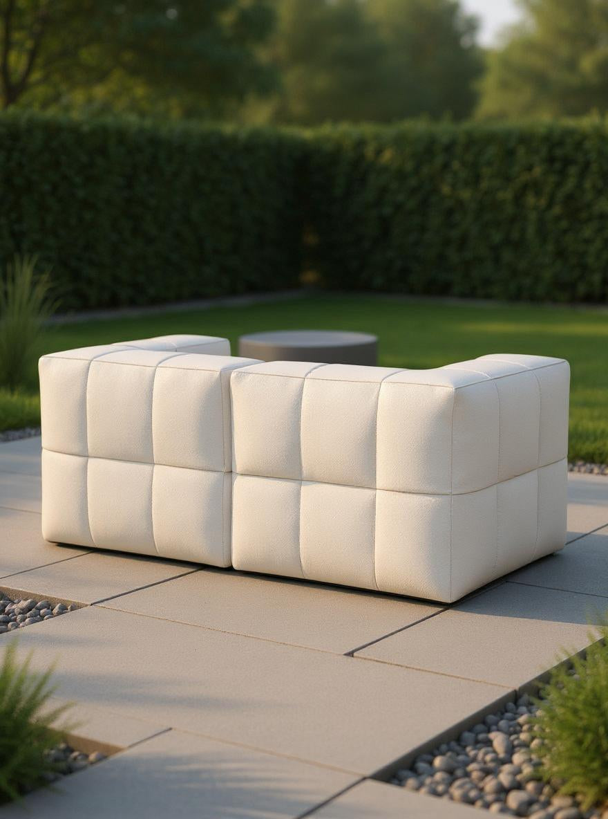 Marshmallow Modular Sofa Set S: Verschwommene Darstellung eines modularen Sofas, inspiriert von Marshmallows, für flexible Gestaltung im Outdoor-Bereich, betont durch nachhaltige und wetterfeste Materialien von Finqa GmbH.