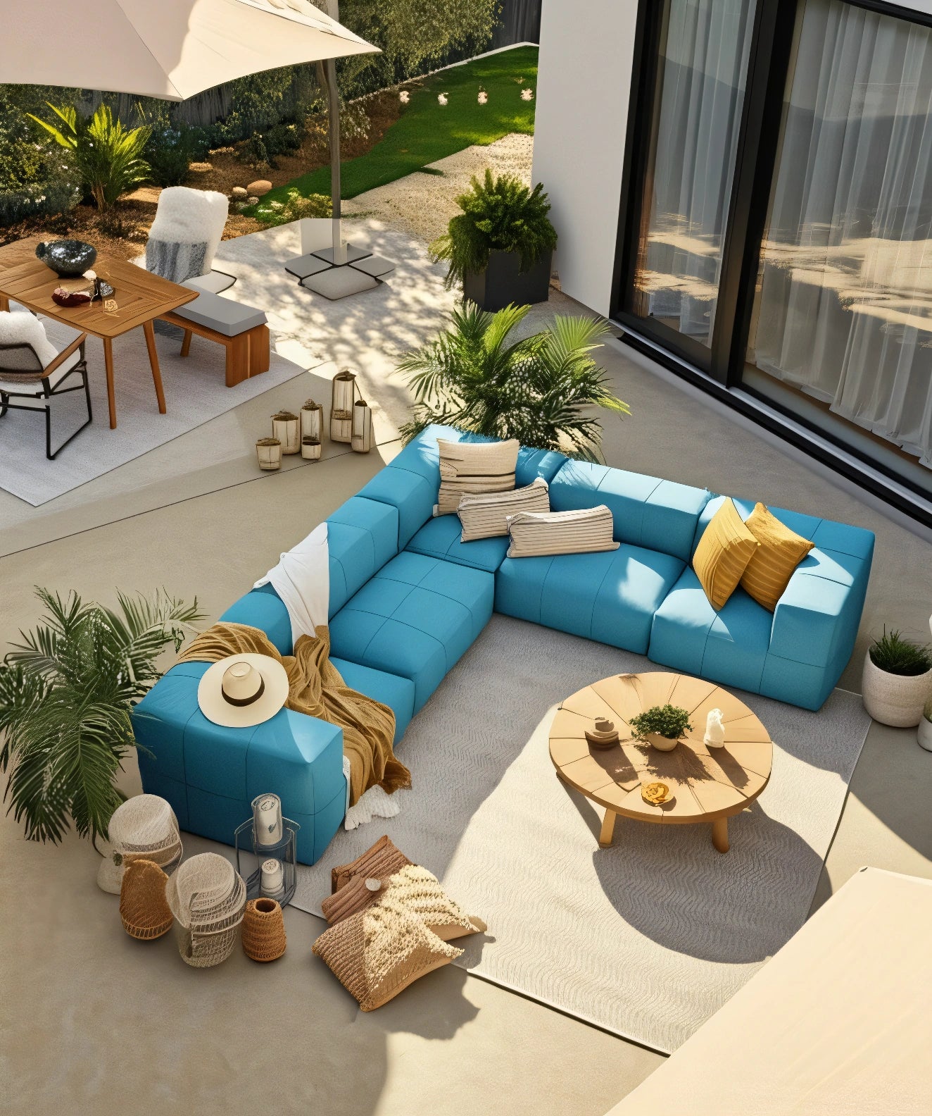Marshmallow Modular Sofa Set (5-Sitzer) auf einer Terrasse, bestehend aus blauer Couch mit gelben Kissen, Kaffeetisch und Pflanzen; inspiriert von Marshmallows, modular anpassbar, wetterfest und umweltfreundlich.