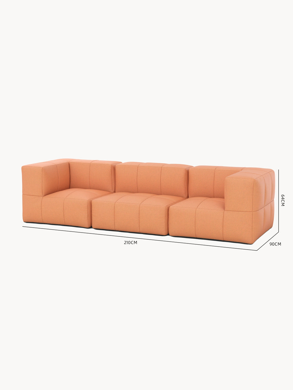Modulares Garten-Lounge-Set Marshmallow, 3er-Set: Ein blockiges, modulares Dreisitzer-Sofa in warmem Orange, bestehend aus drei Würfel-Segmenten mit Armlehnen. Maße: 210 cm Breite, 90 cm Tiefe, 64 cm Höhe.