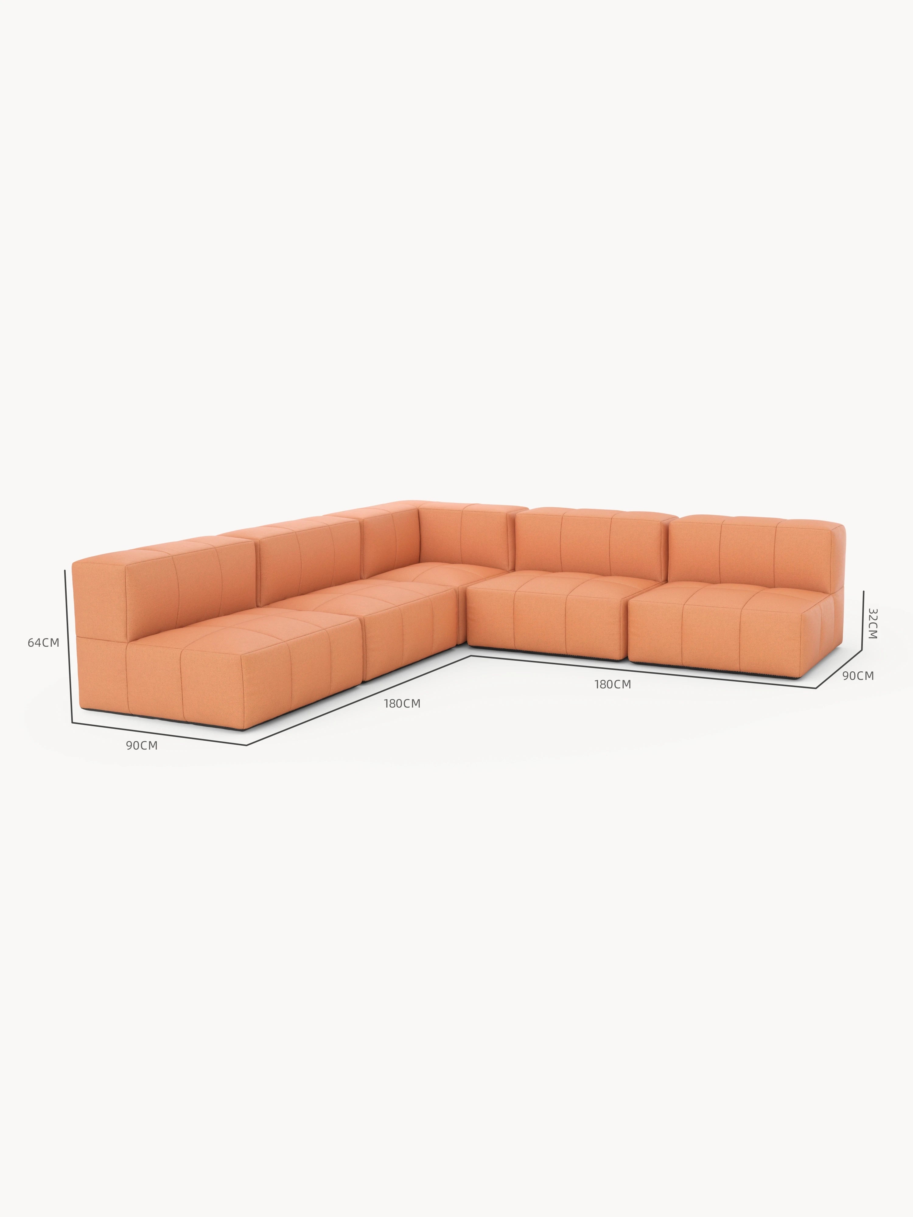 Modulares Garten-Lounge-Set Marshmallow, 5er-Set: L-förmiges, modulares Sofa mit 180 cm Länge, 90 cm Sitztiefe, 64 cm Gesamthöhe, 32 cm Sitzhöhe. Ideal für flexible, nachhaltige Garten- und Terrassengestaltung.