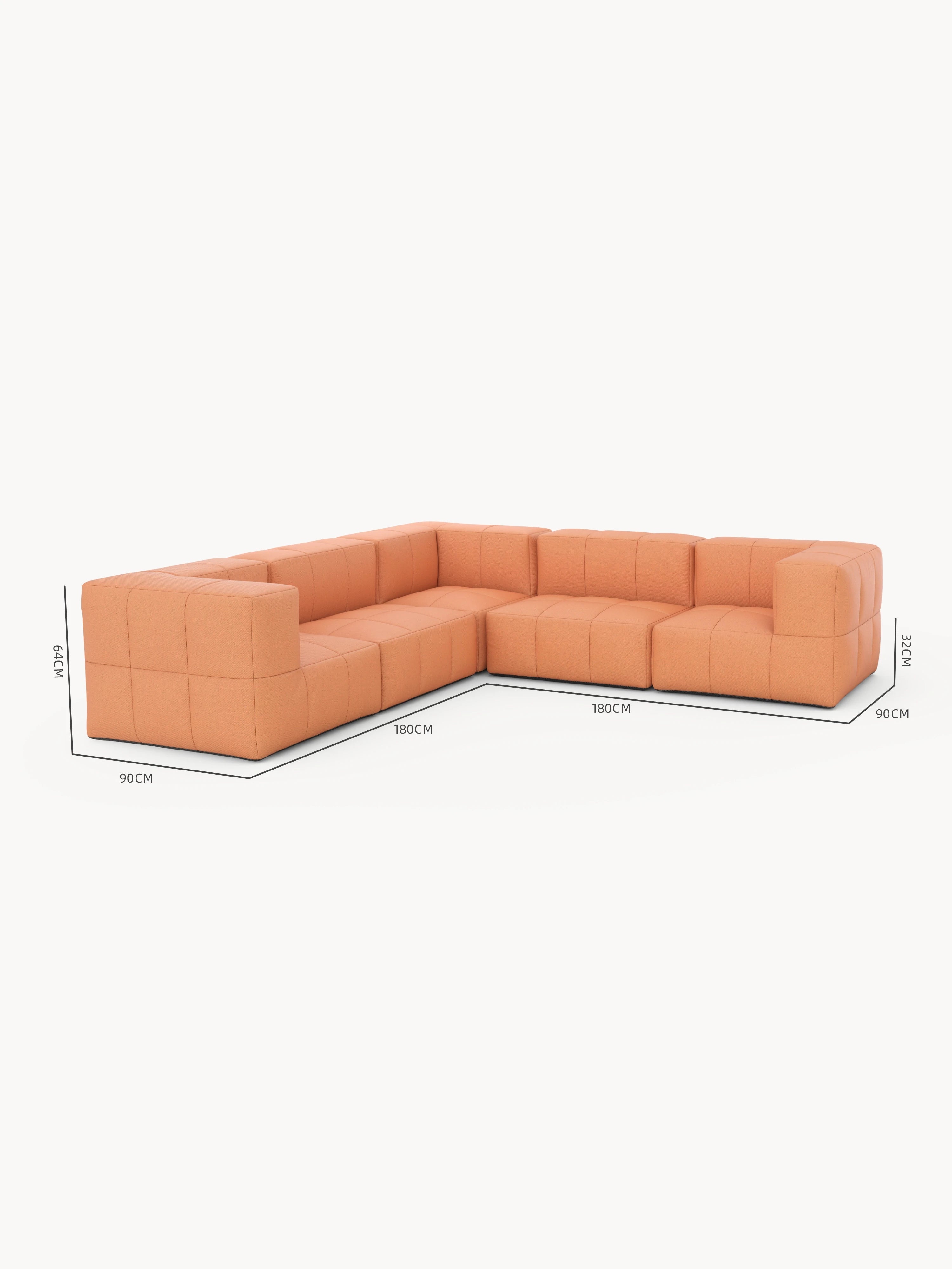 Modulares Garten-Lounge-Set Marshmallow, 5er-Set: Ein L-förmiges, modernes, modulares Sofa mit fünf würfelförmigen Modulen und sichtbaren quadratischen Nähten, inspiriert von Marshmallows, ideal für flexible und nachhaltige Gartengestaltung.