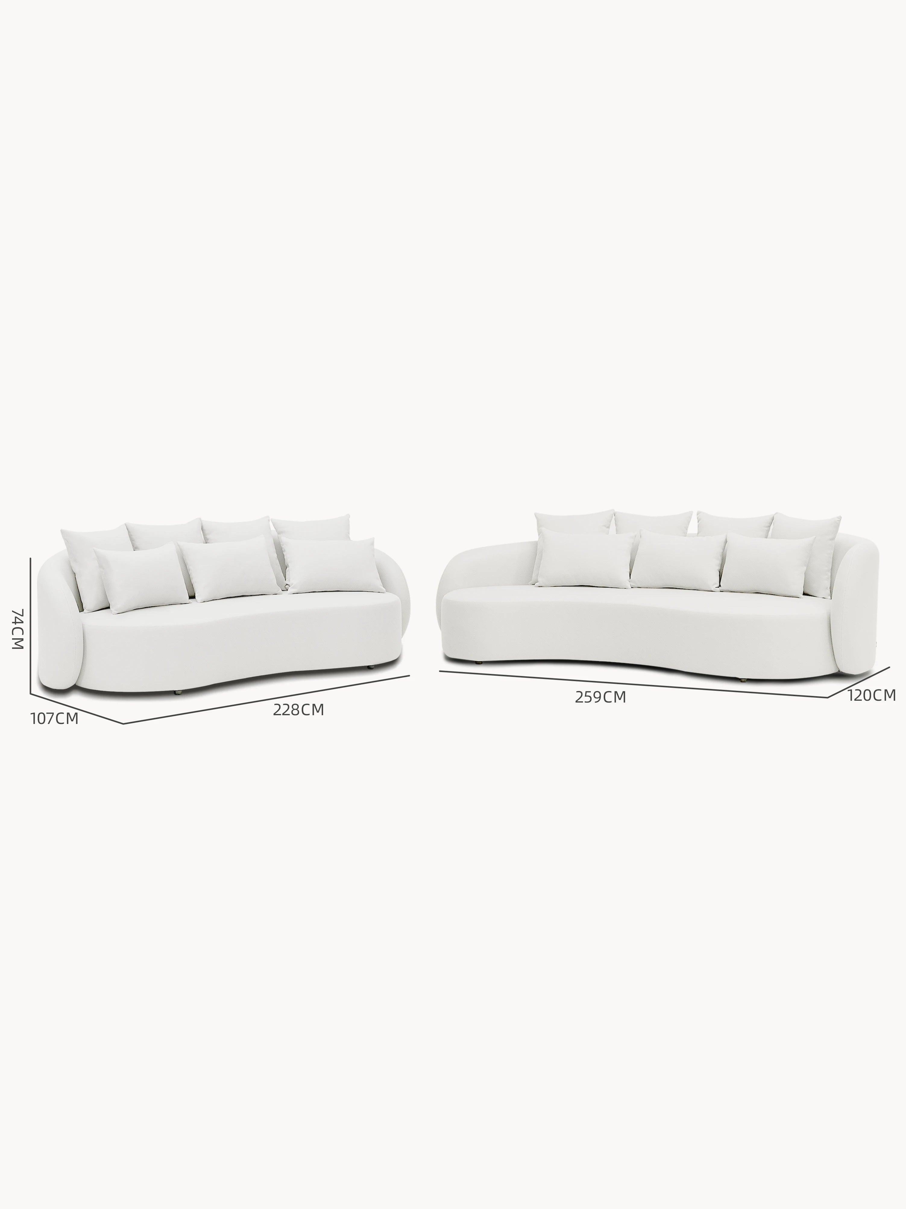 Santorini Garten Loungesofa Set (5-Sitzer): Zwei weiße, modern geschwungene Sofas mit passenden Kissen, Maße: 228 cm und 259 cm Breite, inspiriert von mediterranen Linien, ideal für flexible Outdoor-Gestaltungen.