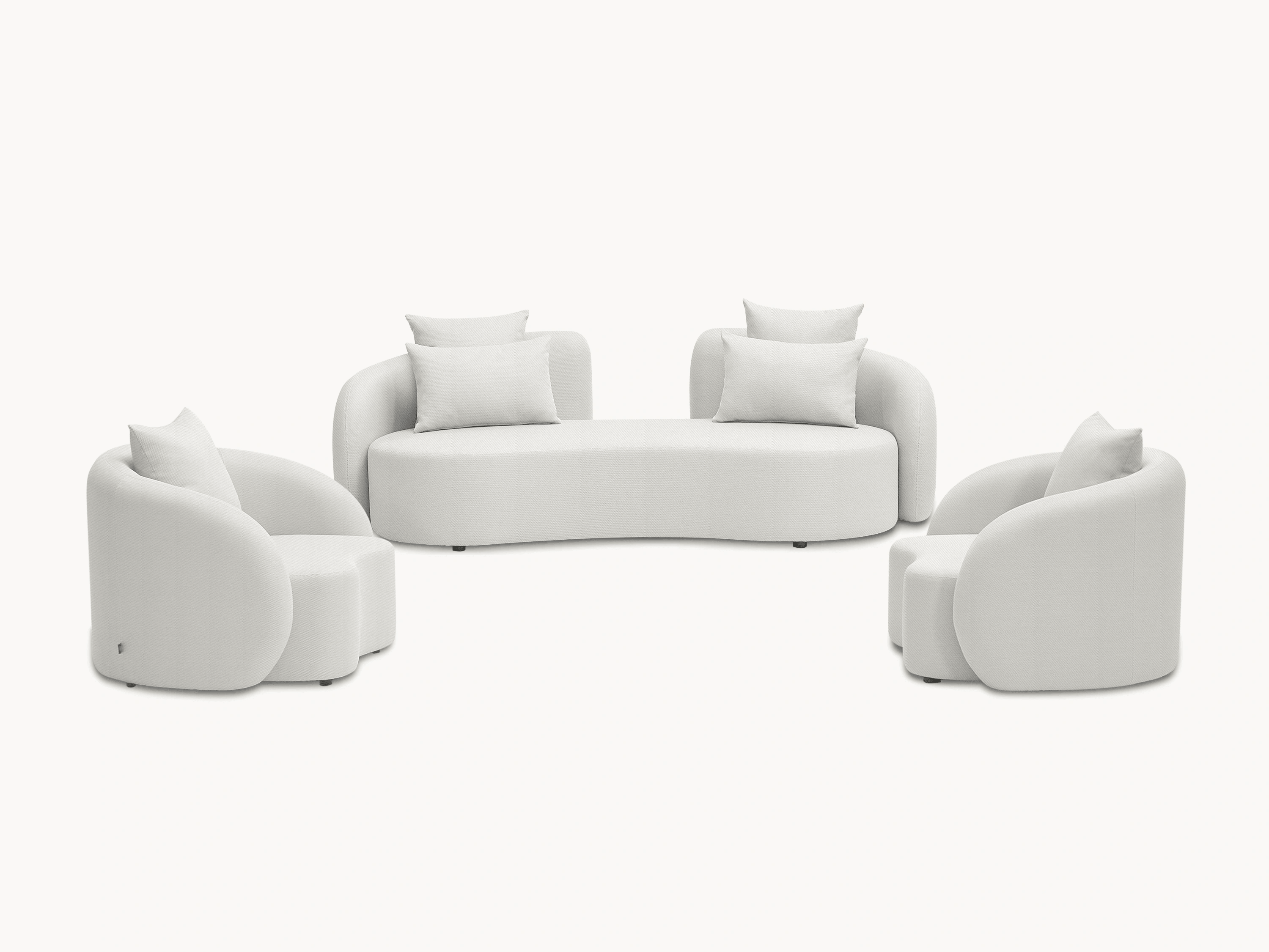 Santorini Garten Loungesofa Set (5-Sitzer) mit weißen Kissen und modulierbaren Elementen, ideal für flexible Garten- oder Terrassenanordnungen, bietet eleganten Komfort und mediterranes Design für Außenbereiche.