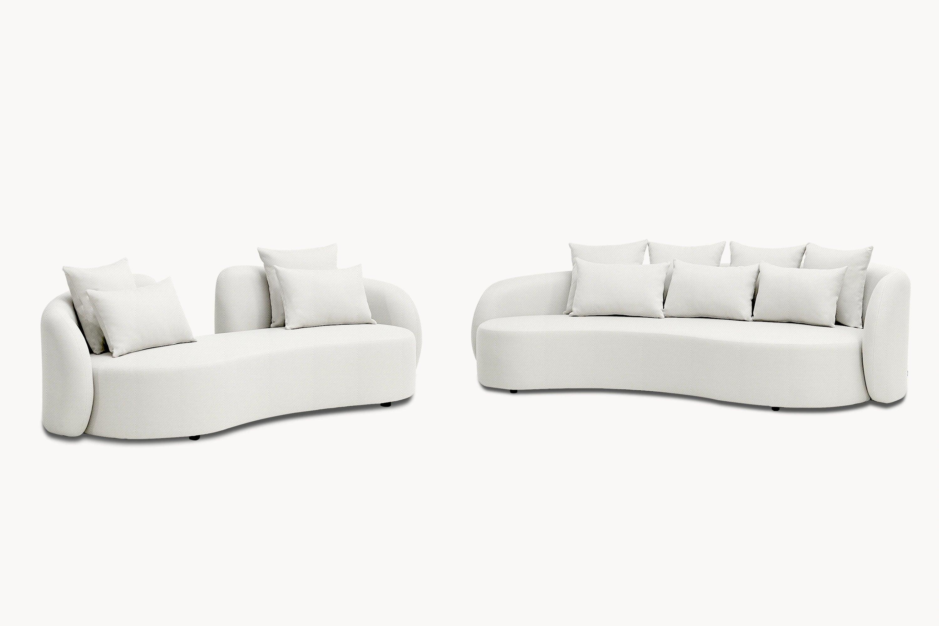 Santorini Garten Loungesofa Set (6-Sitzer) mit elegantem, mediterran inspiriertem Design, ungleichmäßige XL-Teile und weiche Linien, perfekt für flexible Outdoor-Gestaltungen. Bequeme Kissen betonen den luxuriösen Stil.