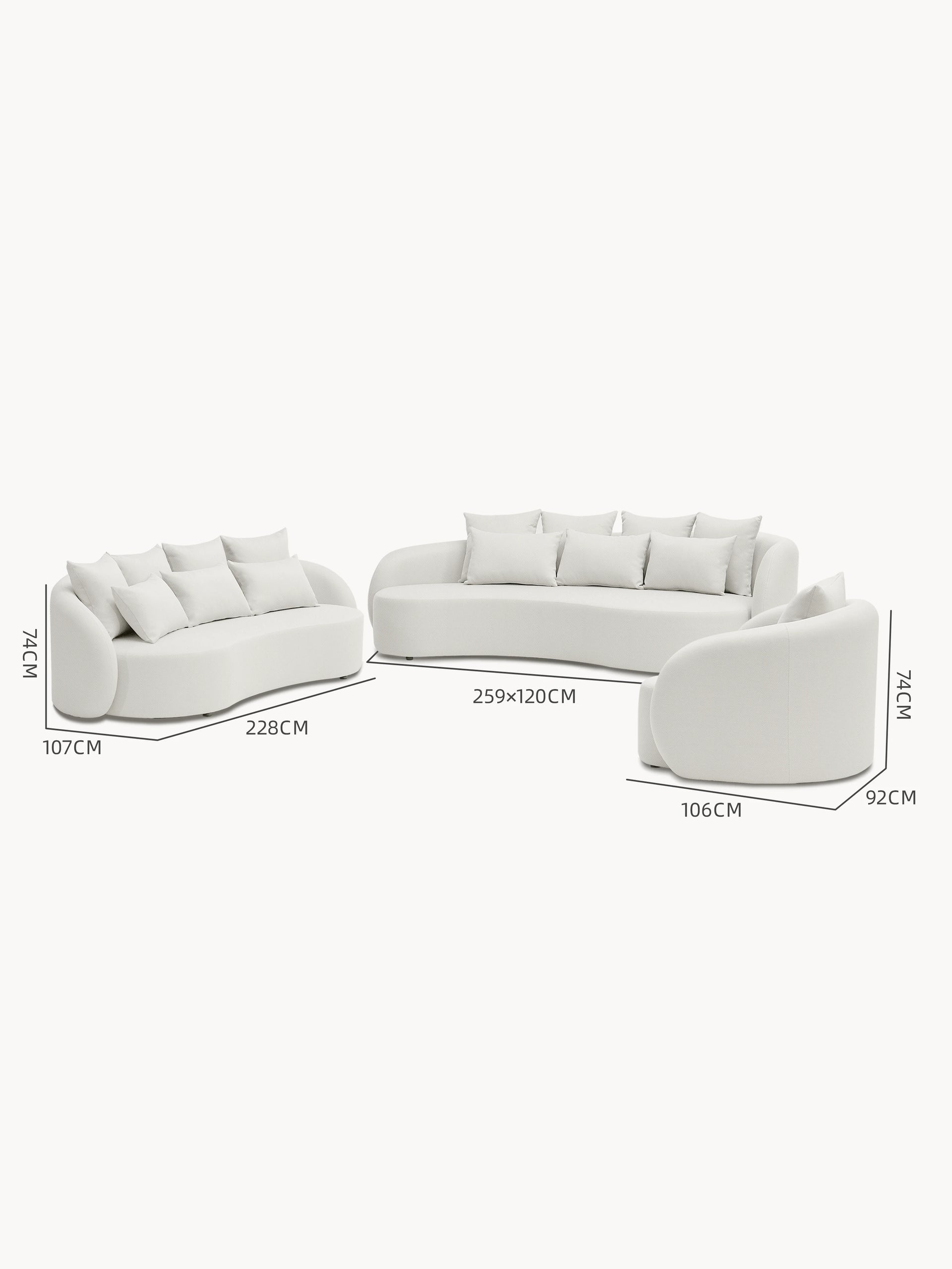 Santorini Garten Loungesofa Set (6-Sitzer): Weißes, dreiteiliges, gebogenes Sofa mit unterschiedlichen Modulen; links (228x107x74 cm), Mitte (259x120 cm), rechts (106x92x74 cm). Hochwertige Outdoor-Ästhetik und Funktionalität von Finqa GmbH.